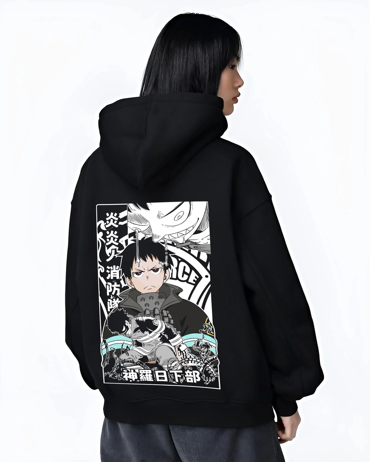 Black hoodie worn by female model from the back featuring Adolla Burst Shinra Fire Force monochrome artwork.