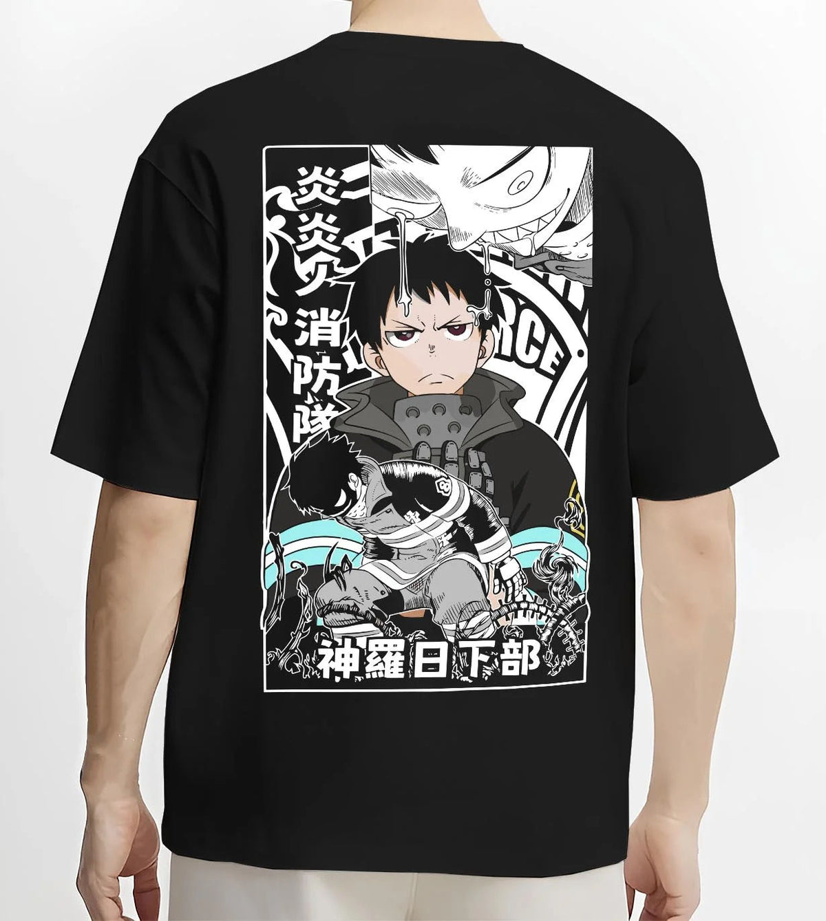 Black T-shirt worn by male model from the back featuring Adolla Burst Shinra Fire Force monochrome artwork.