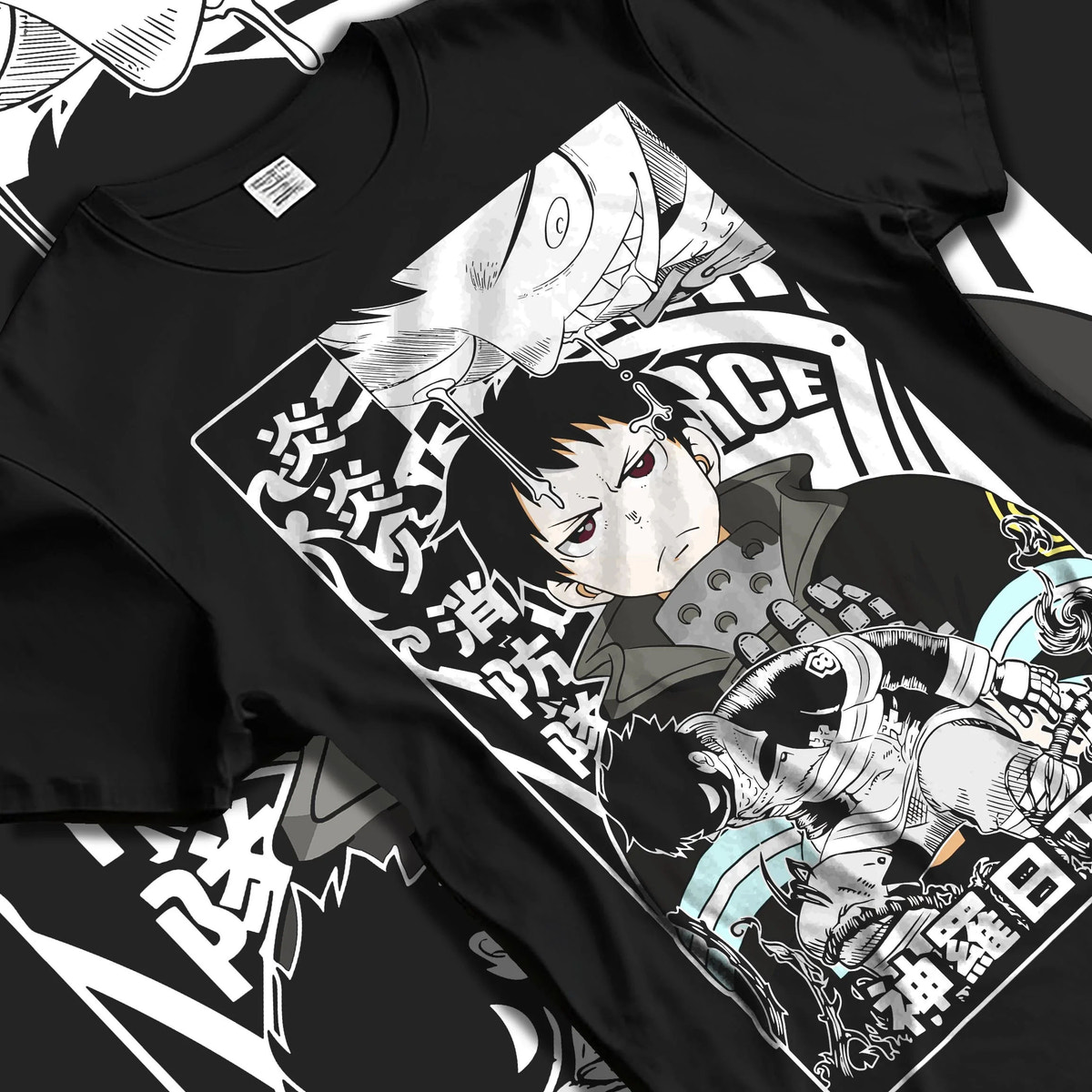 Black T-shirt laid flat with natural folds featuring Adolla Burst Shinra Fire Force monochrome artwork.