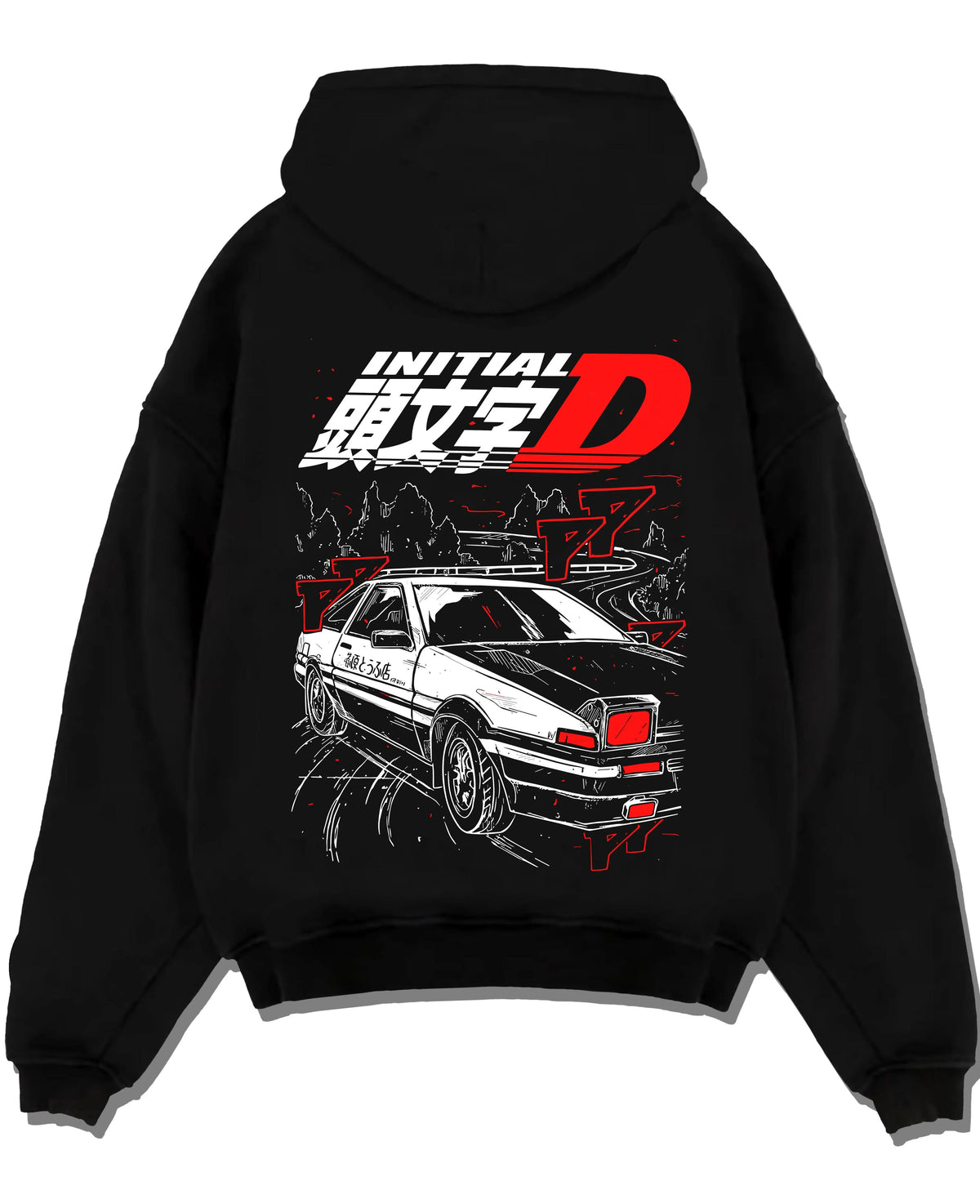 Black hoodie laid flat featuring Takumi Fujiwara AE86 Initial D drift racing artwork with bold anime graphic print.