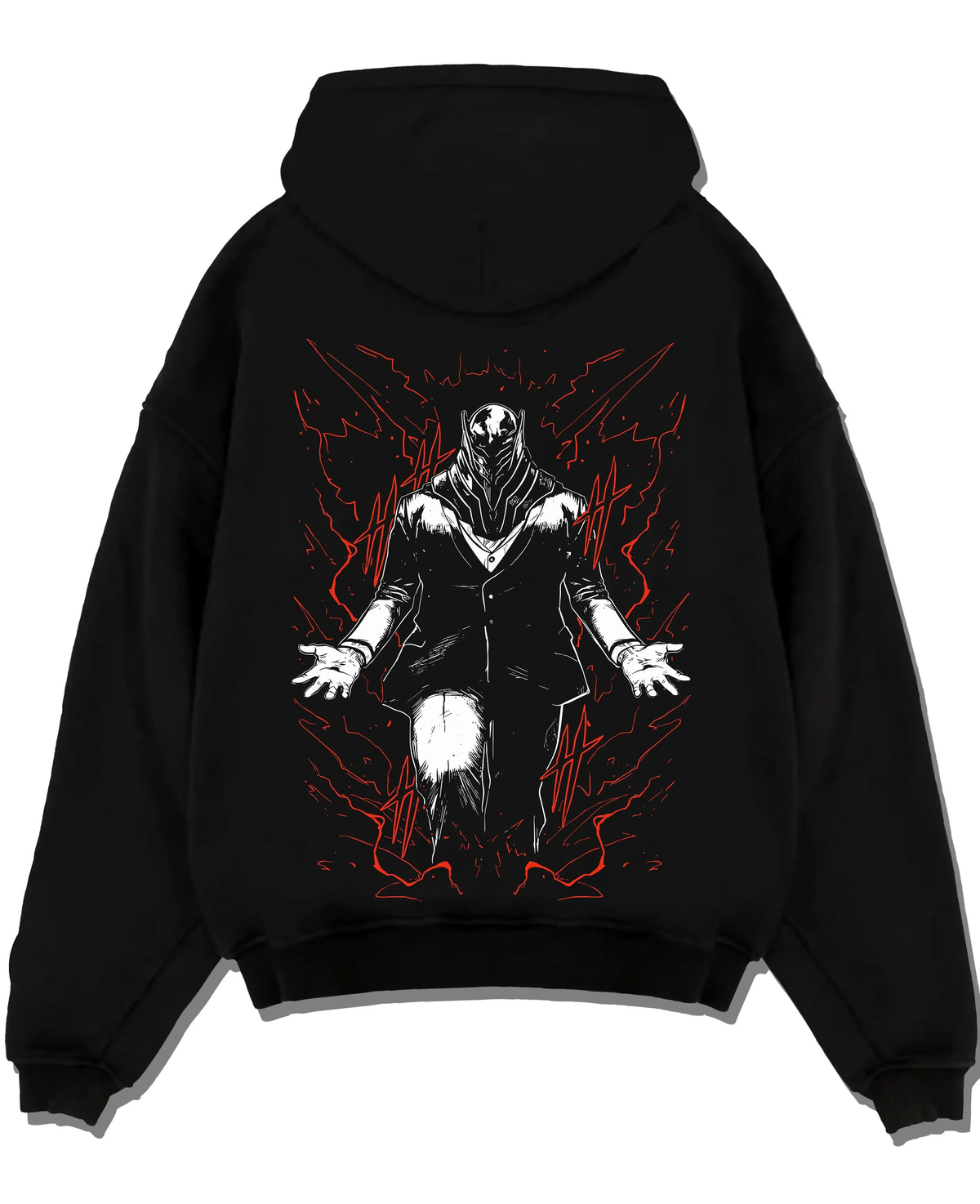 Black pullover hoodie laid flat with All For One Hoodie My Hero Academia Villain Anime graphic bold anime graphic.