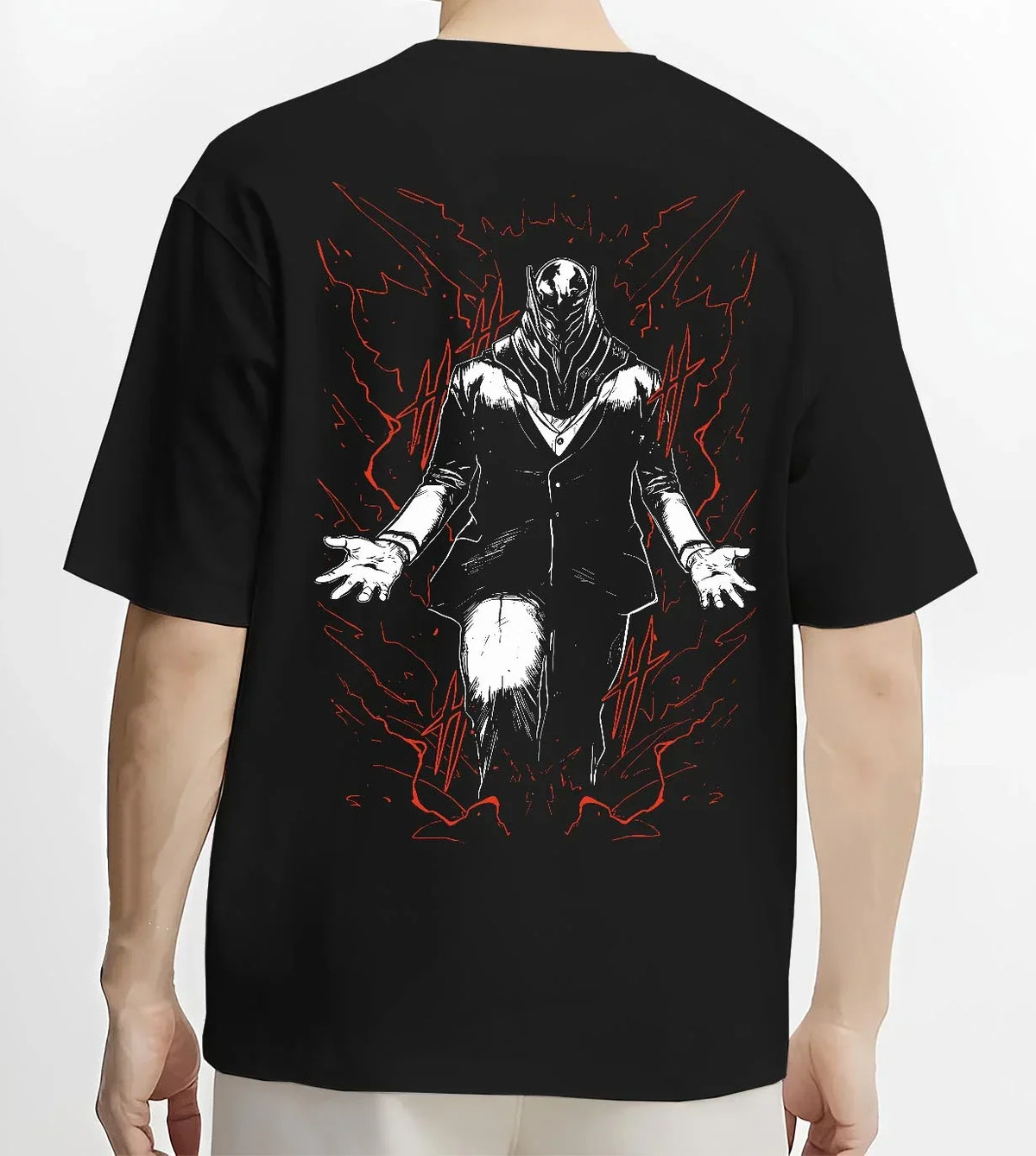 Black T-shirt worn by male model, back view with All For One Hoodie My Hero Academia Villain Anime graphic premium wear.