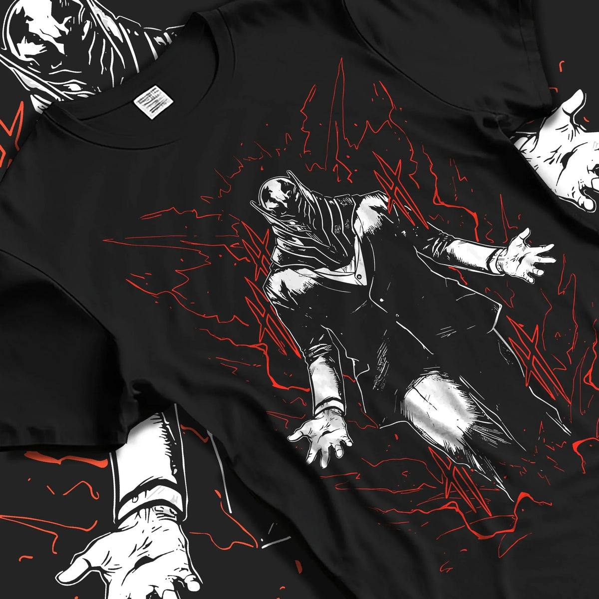 Black T-shirt laid flat with natural folds with All For One Hoodie My Hero Academia Villain Anime graphic premium wear.