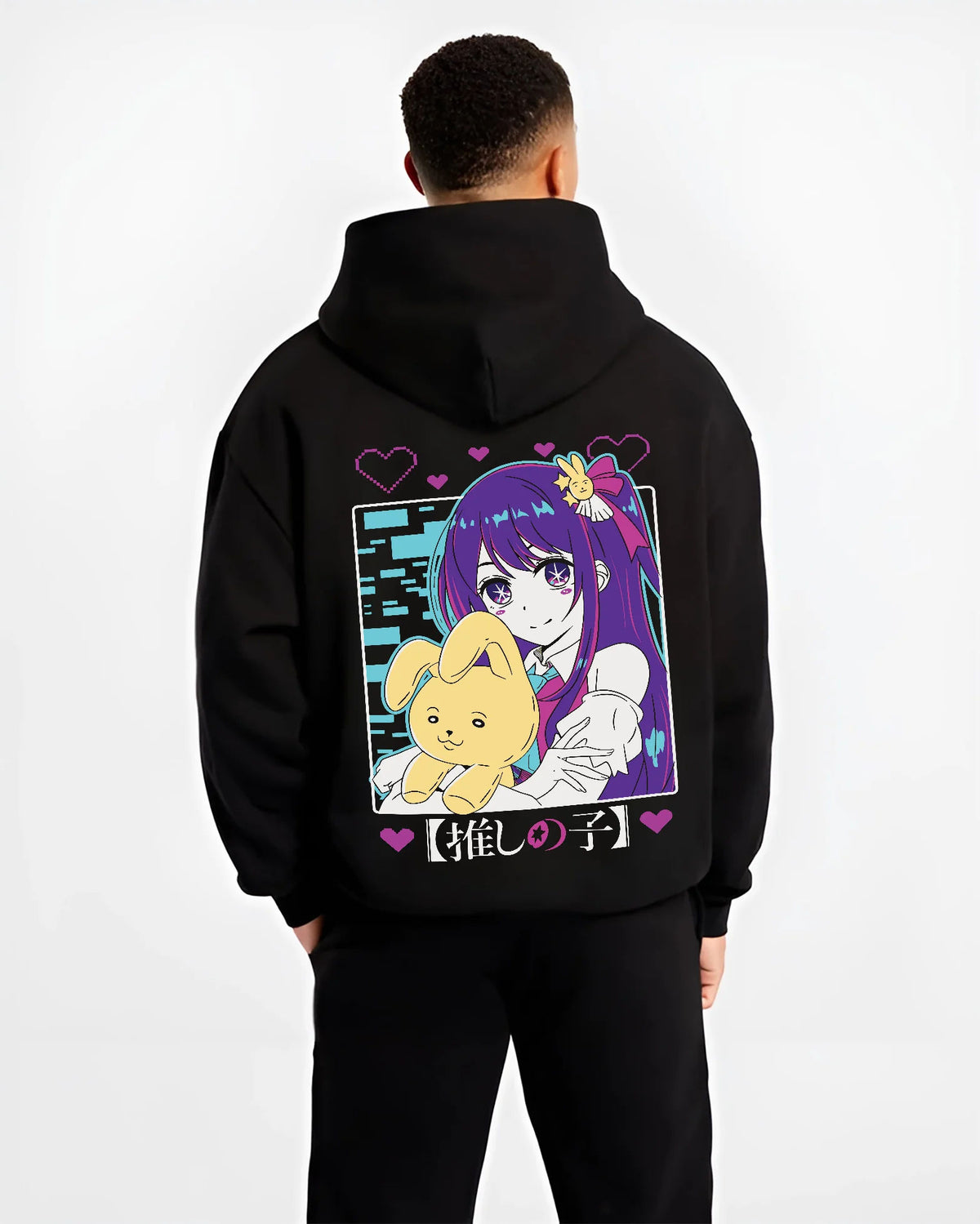 Black hoodie model back view showing Ai Hoshino from Oshi no Ko: purple-haired girl with plush toy
