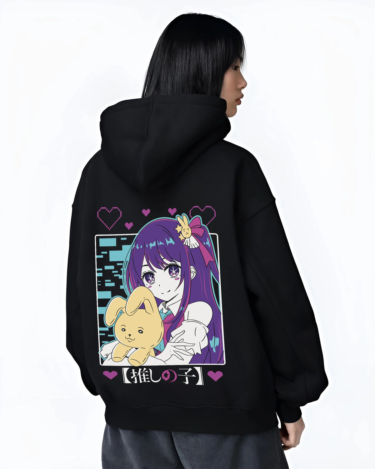 Black hoodie female model back view showing Ai Hoshino from Oshi no Ko: purple-haired girl with plush toy