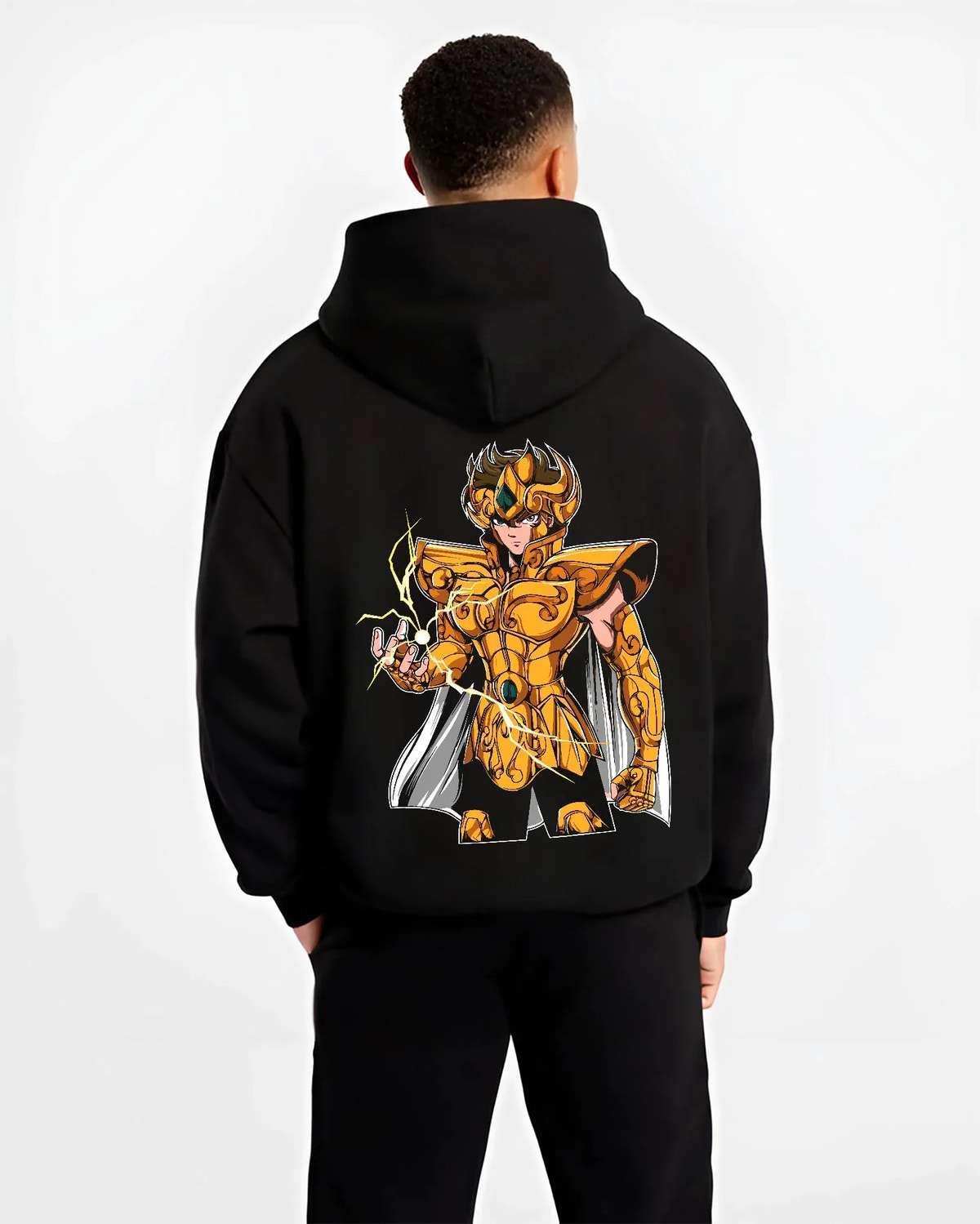 Black hoodie worn by male model, back view with Leo Gold Saint Hoodie Saint Seiya Celestial Zodiac graphic streetwear graphic.