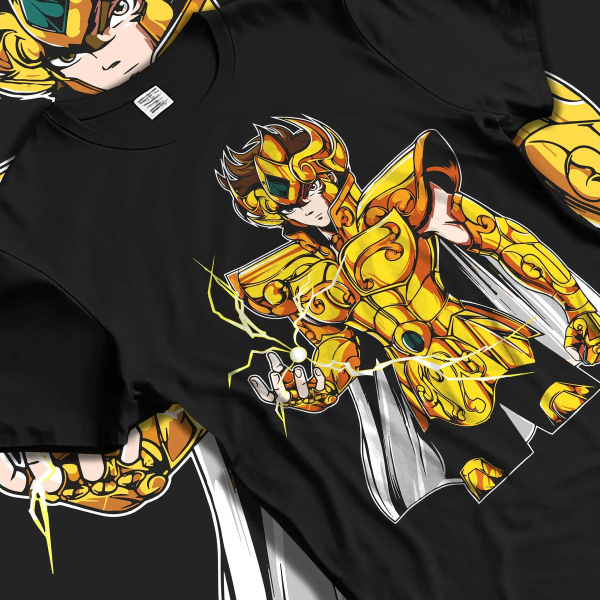 Black T-shirt laid flat with natural folds with Leo Gold Saint Hoodie Saint Seiya Celestial Zodiac graphic bold anime graphic.