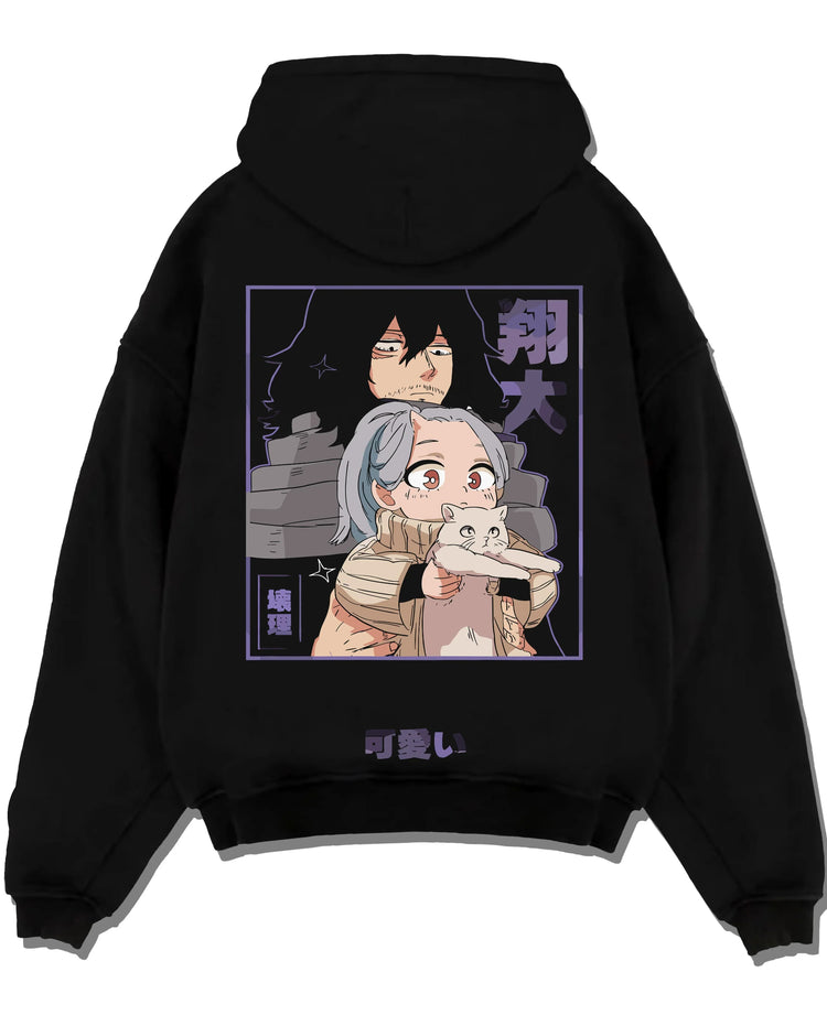 Black pullover hoodie laid flat featuring Aizawa and Eri My Hero Academia anime poster graphic.