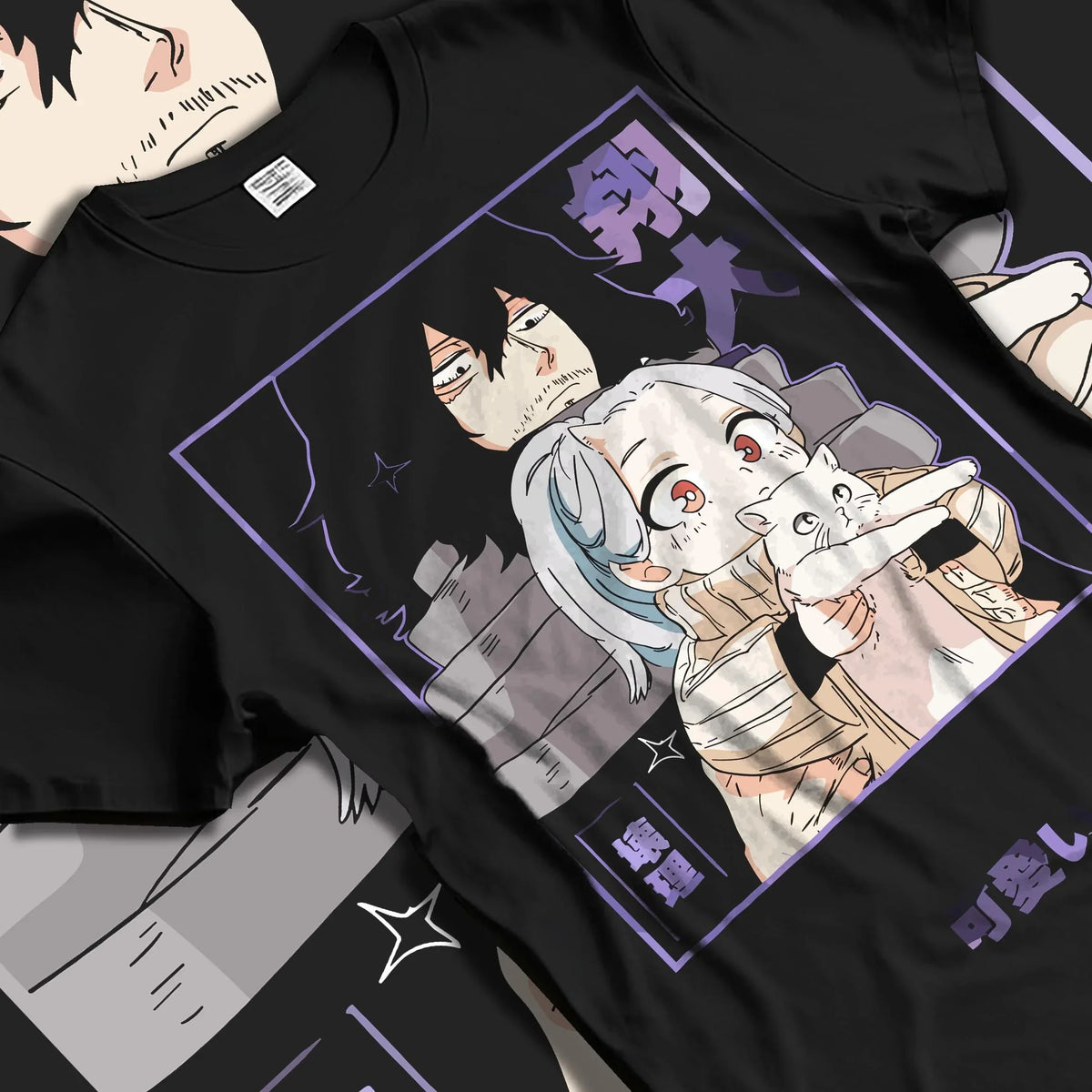 Black T-shirt laid flat with natural folds featuring Aizawa and Eri retro streetwear graphic from My Hero Academia