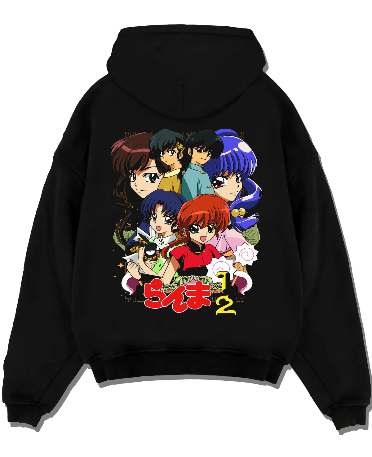 Black hoodie laid flat featuring Ranma and Akane Ranma 1/2 retro manga duo artwork with bold anime graphic print.