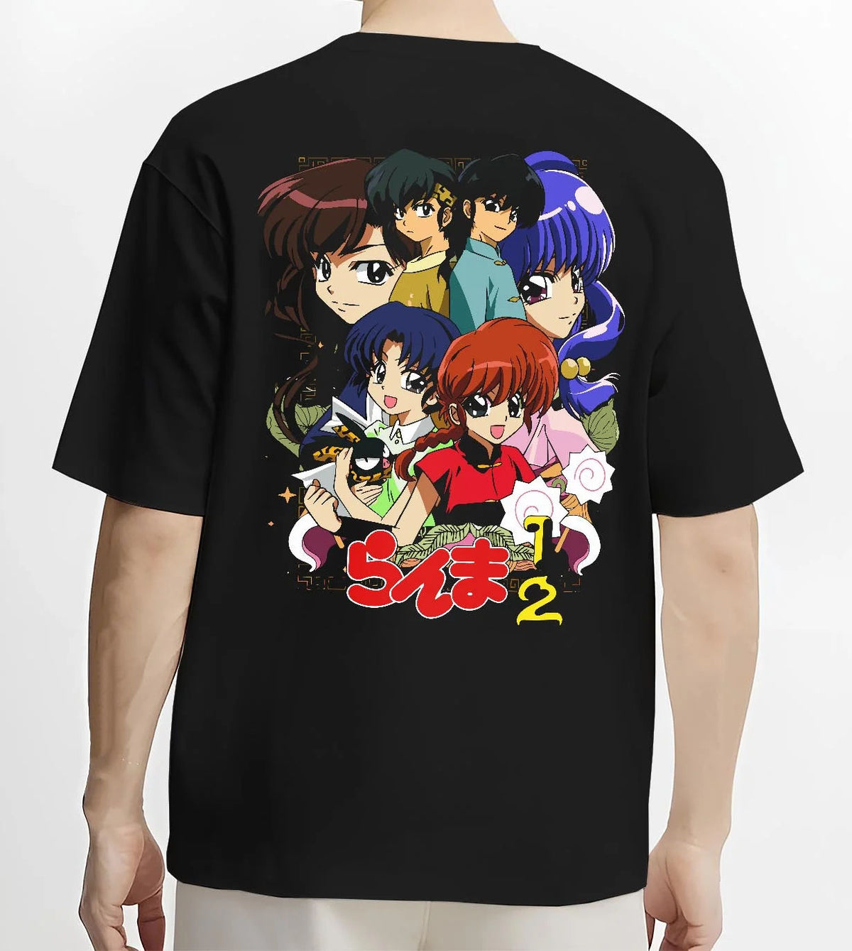 Black T-shirt worn by male model from the back featuring Ranma and Akane Ranma 1/2 retro manga duo artwork.