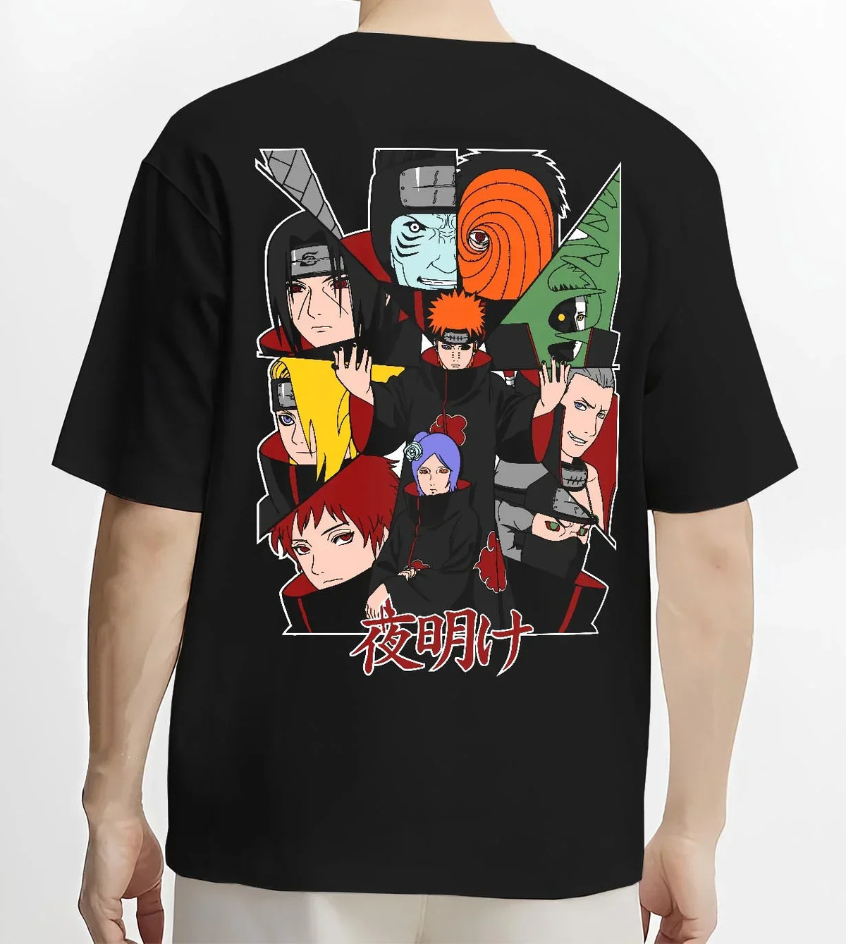Black T-shirt worn by male model, back view with Akatsuki Clan Hoodie Naruto Shippuden Red Cloud Team graphic premium wear.
