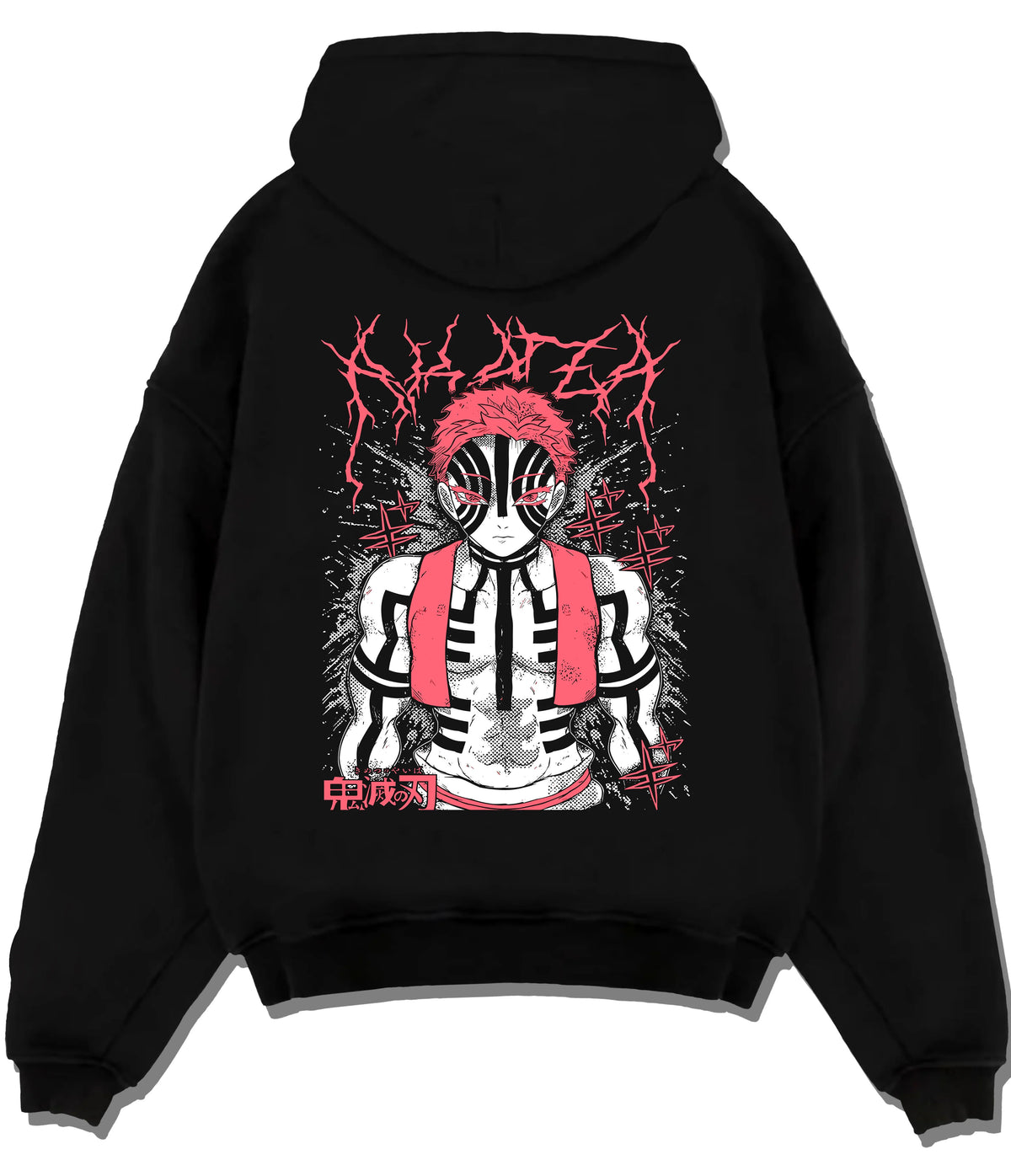 Black hoodie flat back view showing Akaza from Demon Slayer: Upper Rank Three