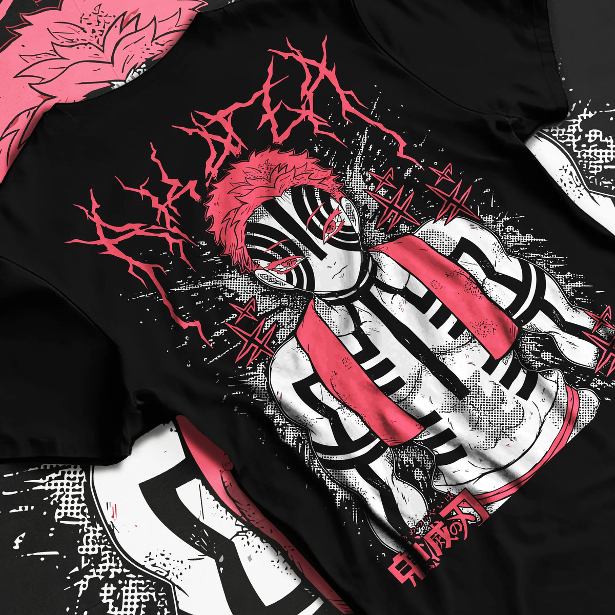 Black T-shirt flat back view showing Akaza from Demon Slayer: Upper Rank Three