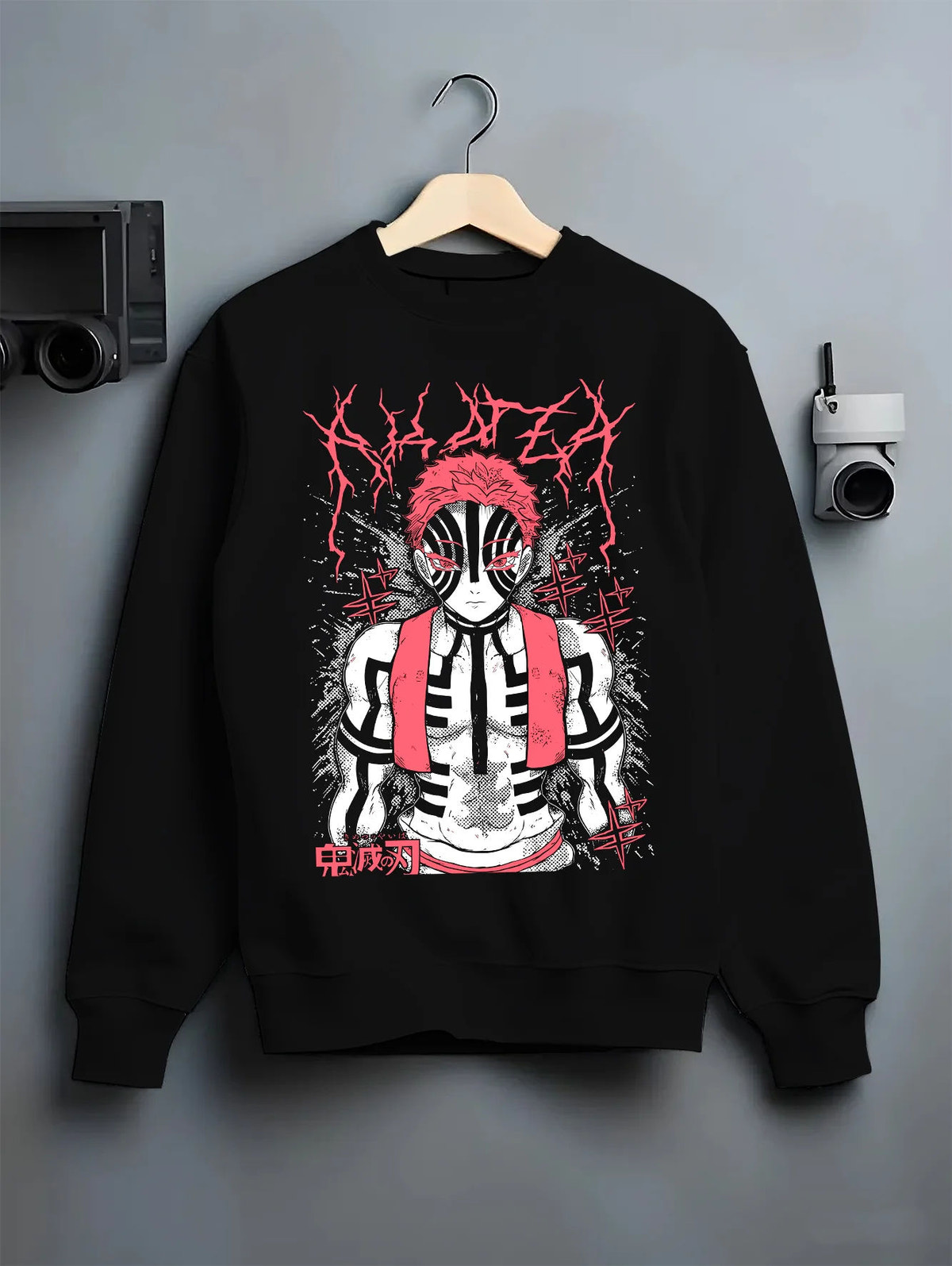 Black crewneck sweatshirt on hanger showing Akaza from Demon Slayer: Upper Rank Three