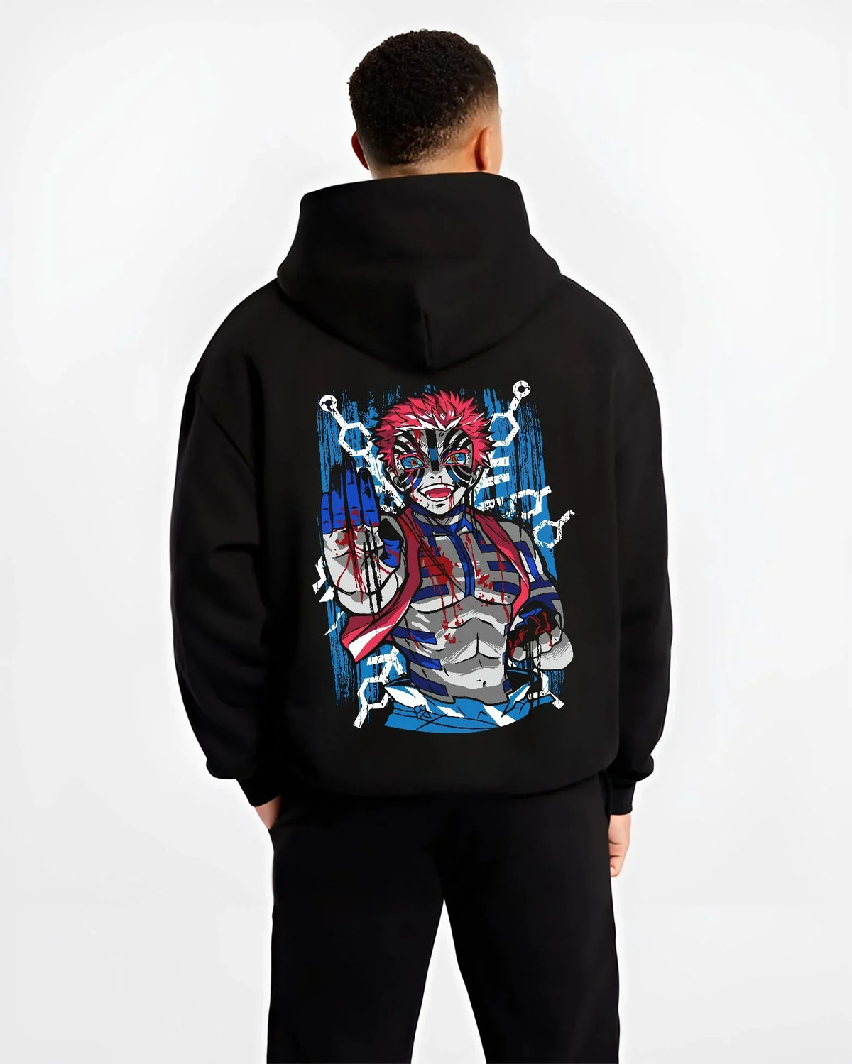 Black hoodie worn by male model, back view with Akaza Demon Slayer Hoodie Upper Moon Zero Form Print graphic premium wear.