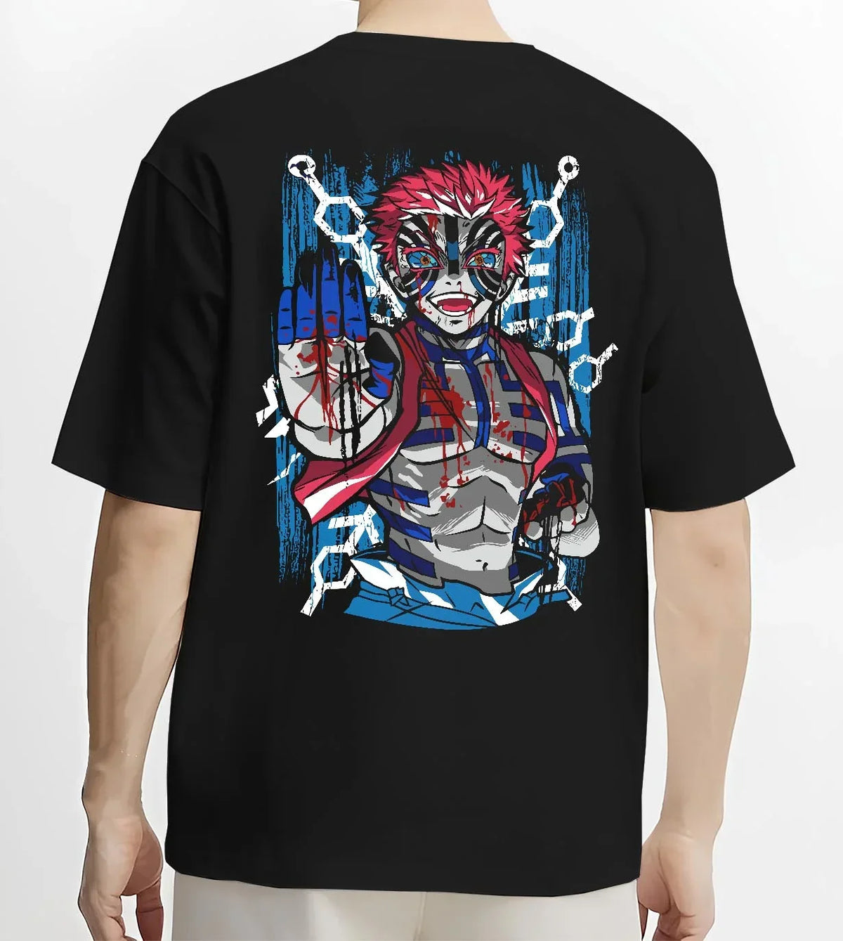 Black T-shirt worn by male model, back view with Akaza Demon Slayer Hoodie Upper Moon Zero Form Print graphic premium wear.