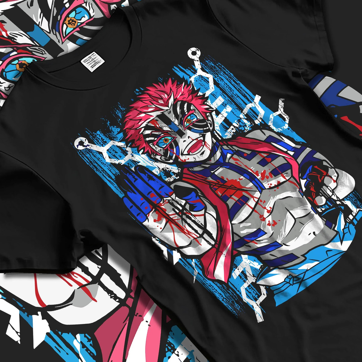 Black T-shirt laid flat with natural folds with Akaza Demon Slayer Hoodie Upper Moon Zero Form Print graphic streetwear graphic.