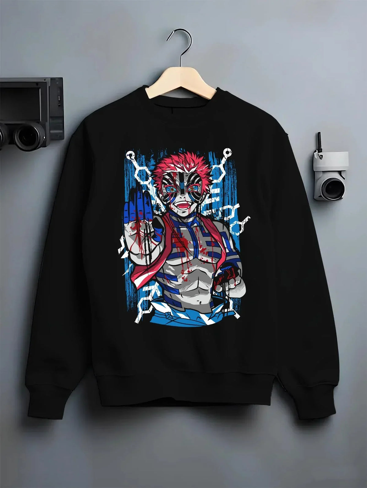 Black crewneck sweatshirt on hanger with Akaza Demon Slayer Hoodie Upper Moon Zero Form Print graphic Akaza anime design.