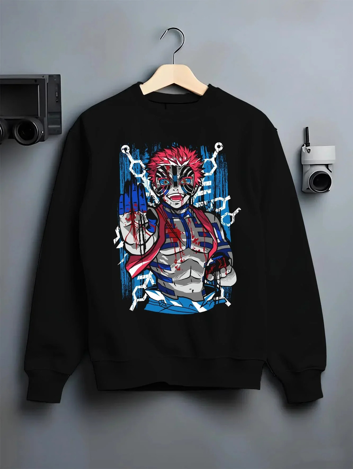 Black crewneck sweatshirt on hanger with Akaza Demon Slayer Hoodie Upper Moon Zero Form Print graphic Akaza anime design.