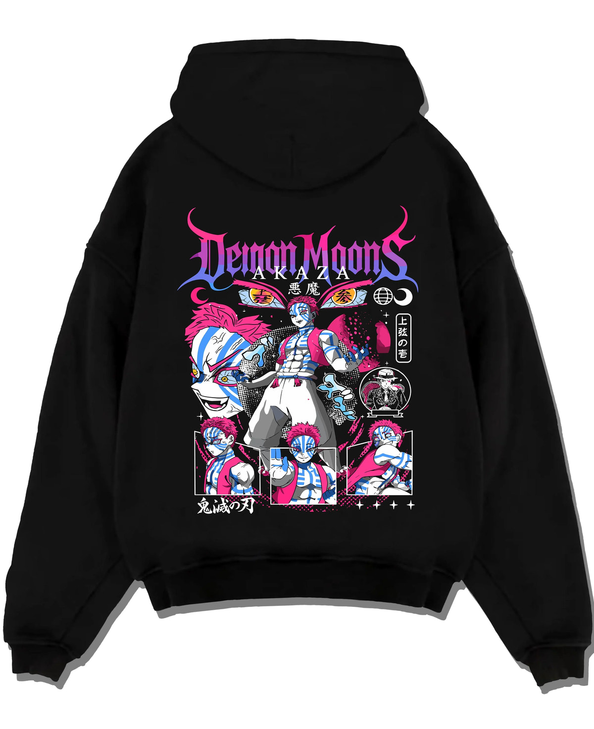 Black pullover hoodie laid flat with Akaza Demon Slayer Hoodie Upper Moon Rage Moon Mark graphic bold anime graphic.