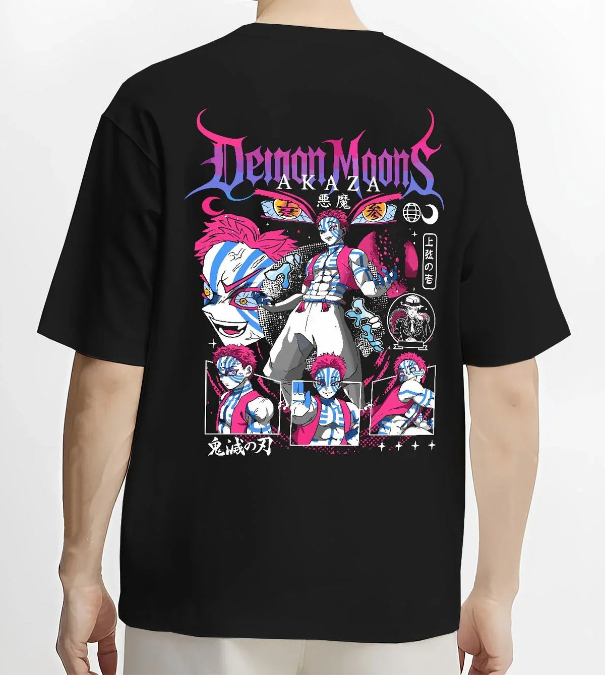 Black T-shirt worn by male model, back view with Akaza Demon Slayer Hoodie Upper Moon Rage Moon Mark graphic streetwear graphic.