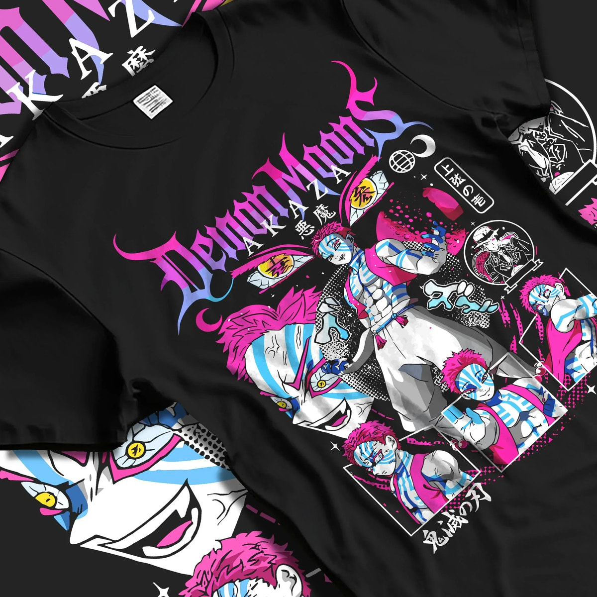 Black T-shirt laid flat with natural folds with Akaza Demon Slayer Hoodie Upper Moon Rage Moon Mark graphic bold anime graphic.