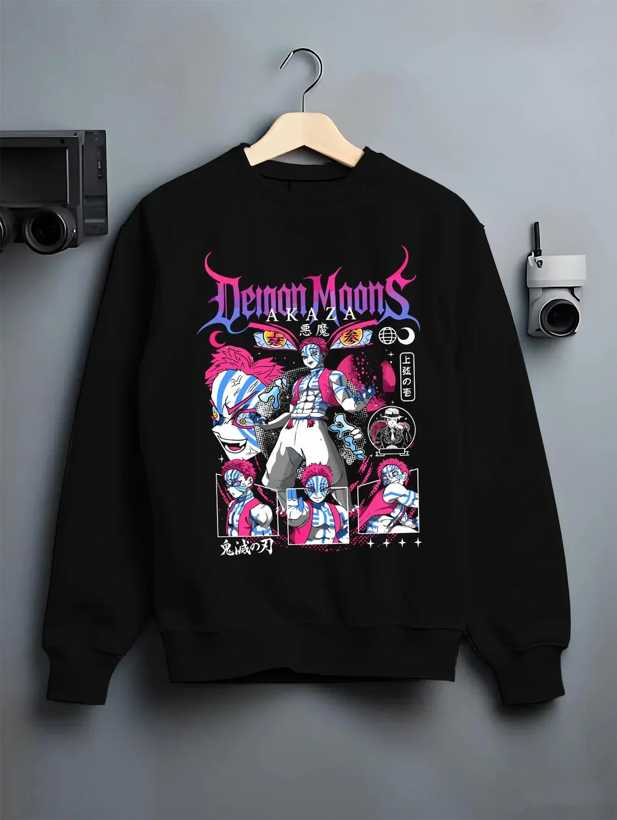 Black crewneck sweatshirt on hanger with Akaza Demon Slayer Hoodie Upper Moon Rage Moon Mark graphic Akaza anime design.