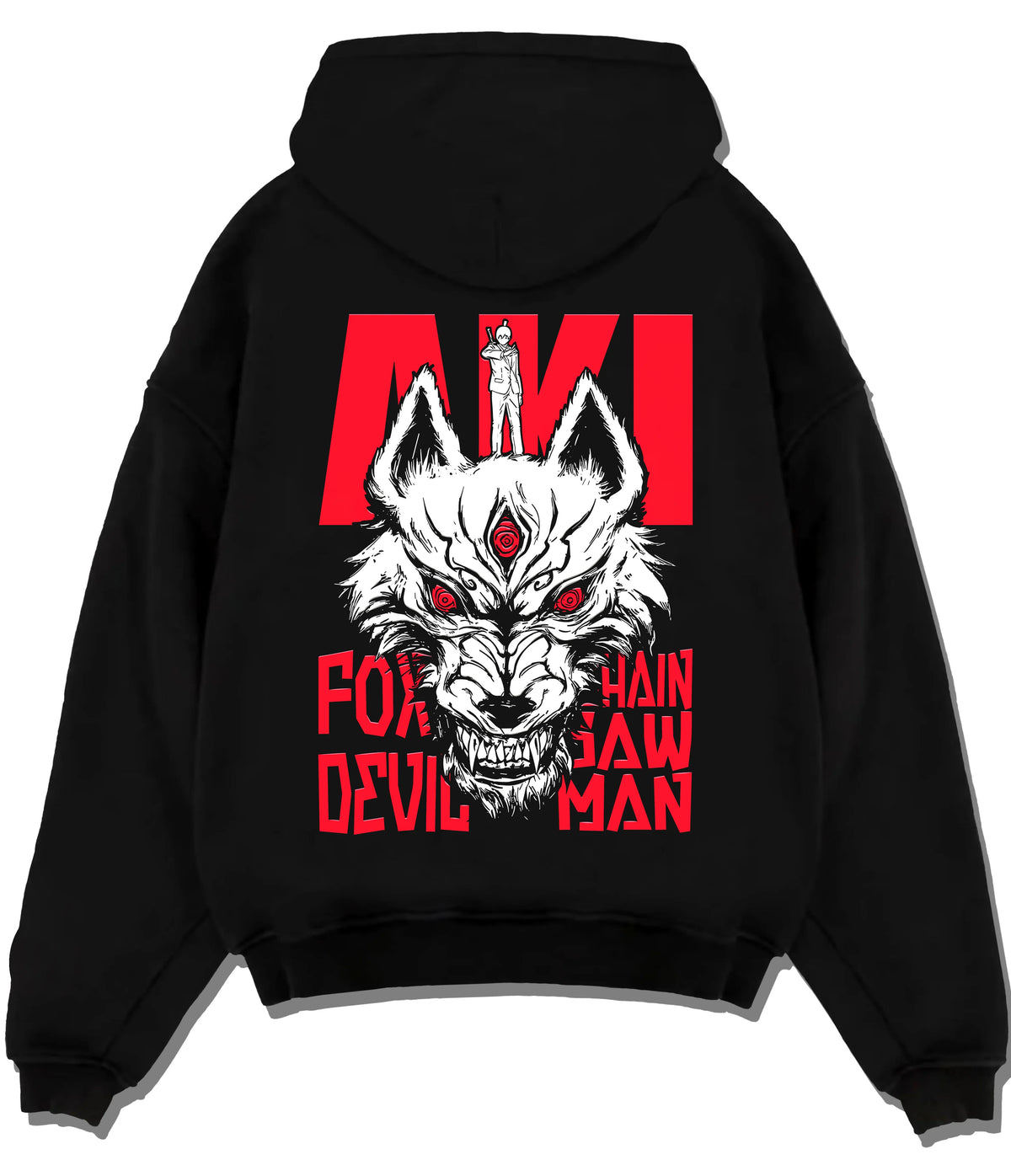 Black hoodie flat back view with Aki / Fox Devil illustration from Chainsaw Man illustrated back graphic