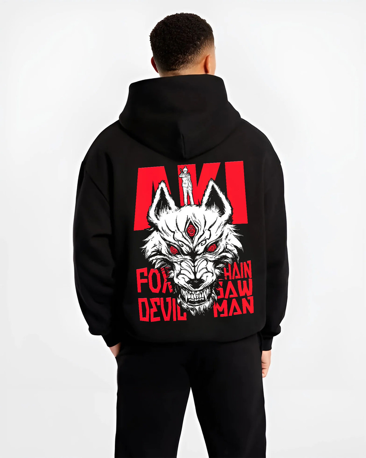 Black hoodie model back view with Aki / Fox Devil illustration from Chainsaw Man illustrated back graphic