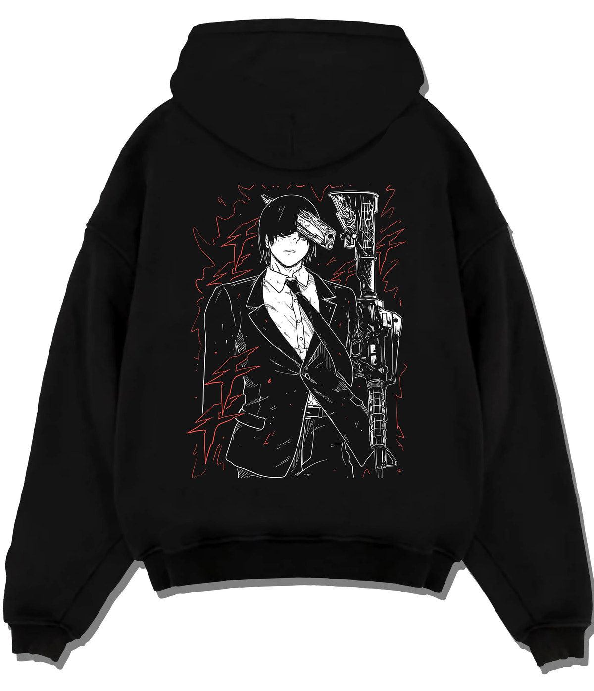 Black hoodie flat back view showing Aki Hayakawa from Chainsaw Man: portrait with weapons
