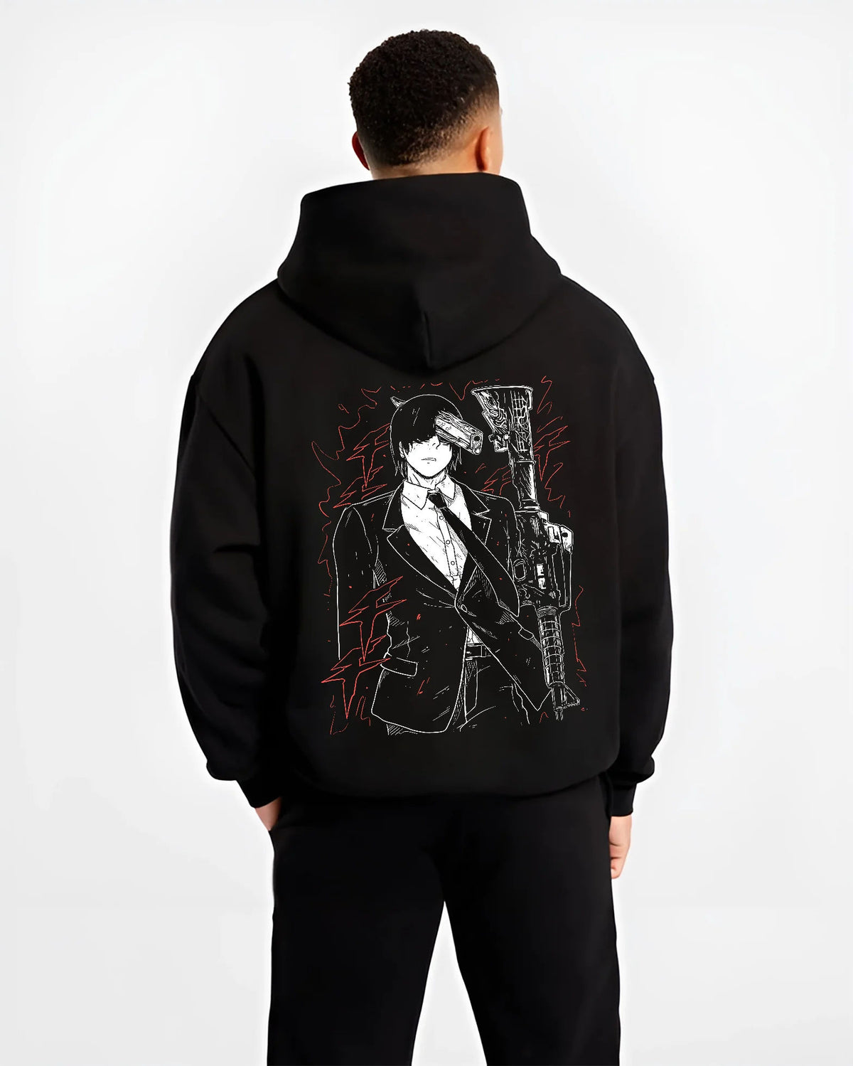 Black hoodie model back view showing Aki Hayakawa from Chainsaw Man: portrait with weapons
