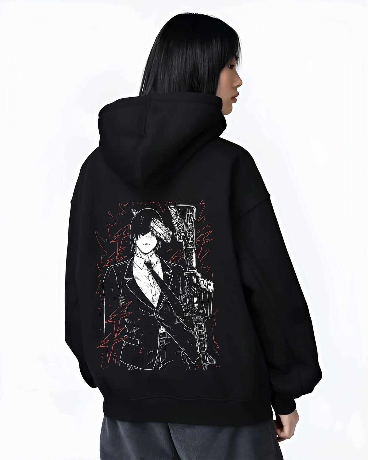 Black hoodie female model back view showing Aki Hayakawa from Chainsaw Man: portrait with weapons