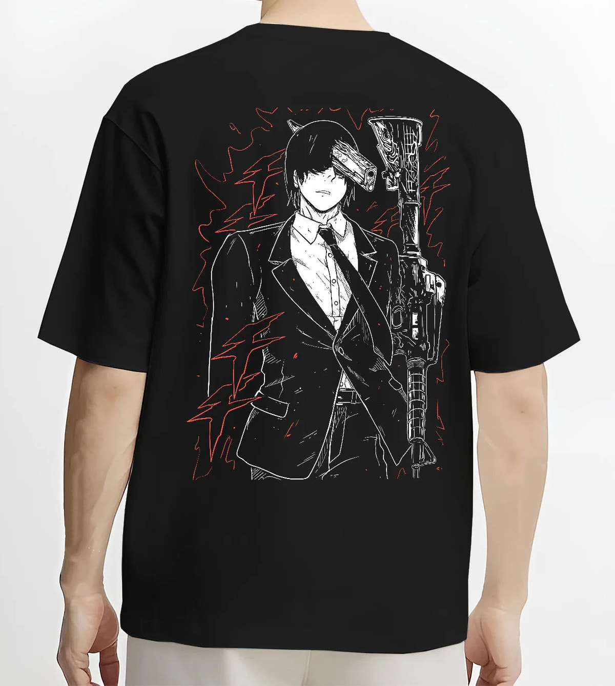 Black T-shirt model back view showing Aki Hayakawa from Chainsaw Man: portrait with weapons