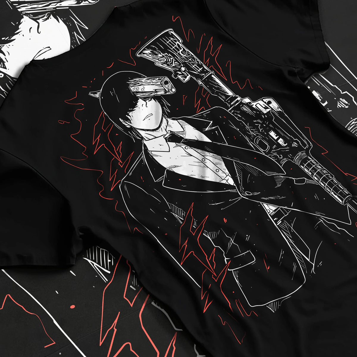 Black T-shirt flat back view showing Aki Hayakawa from Chainsaw Man: portrait with weapons