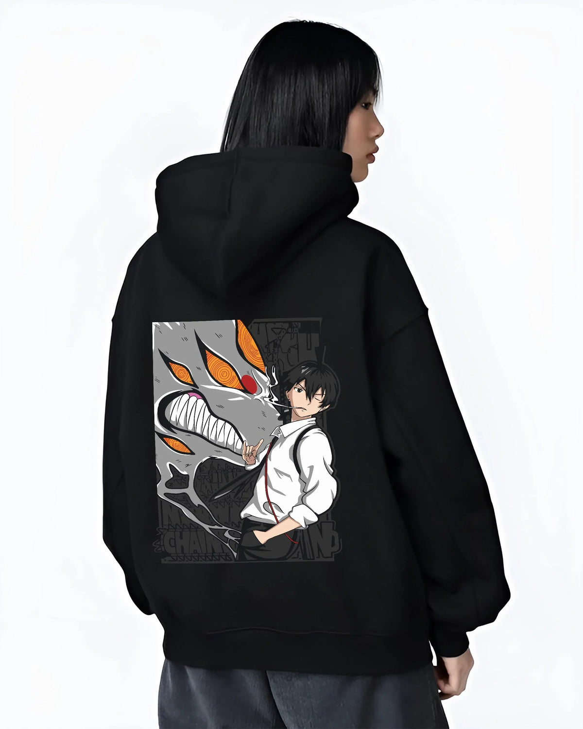 Black hoodie worn by female model, back view with Chainsaw Man Hoodie Denji Devil Hunter Chainsaw Blades graphic streetwear graphic.