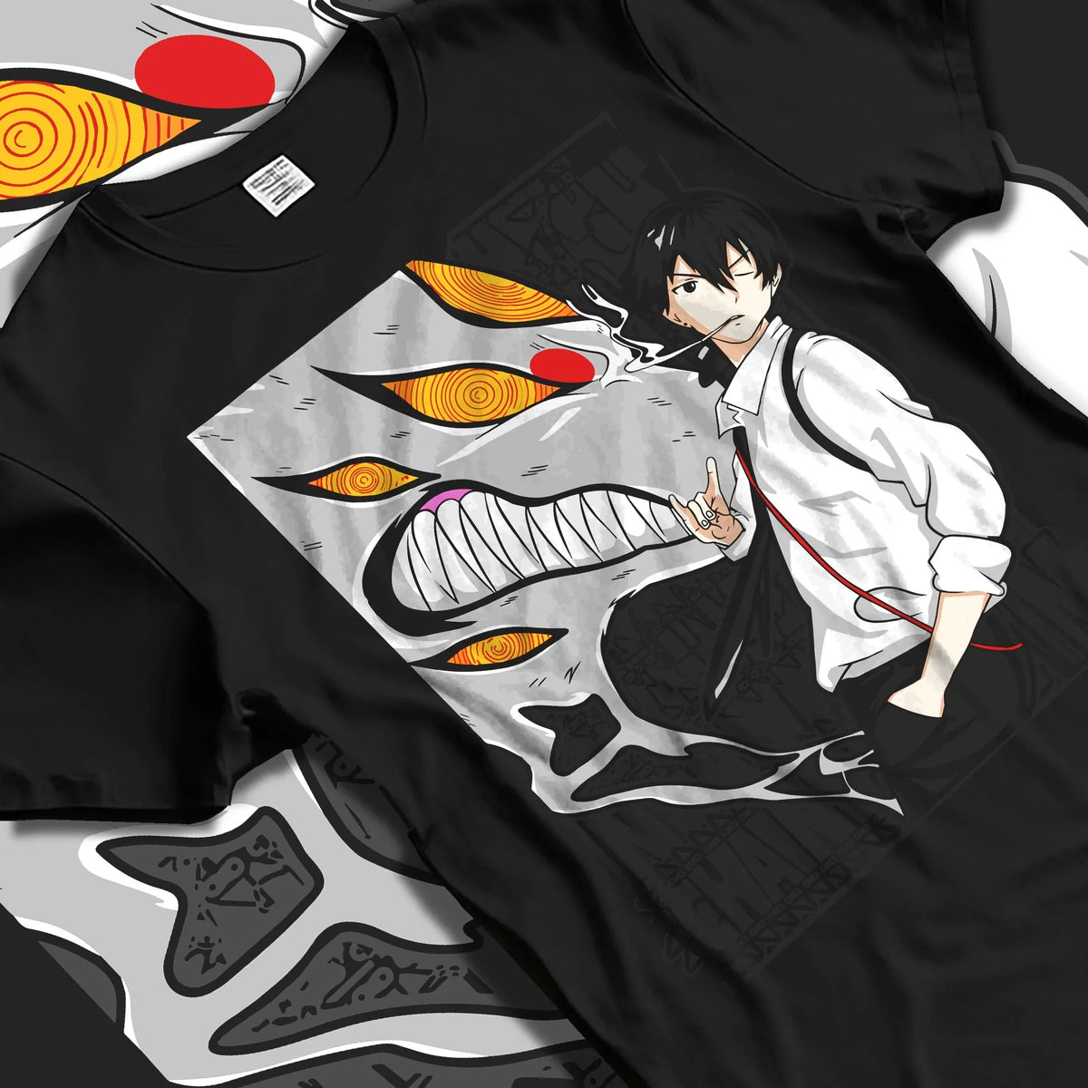 Black T-shirt laid flat with natural folds with Chainsaw Man Hoodie Denji Devil Hunter Chainsaw Blades graphic premium wear.