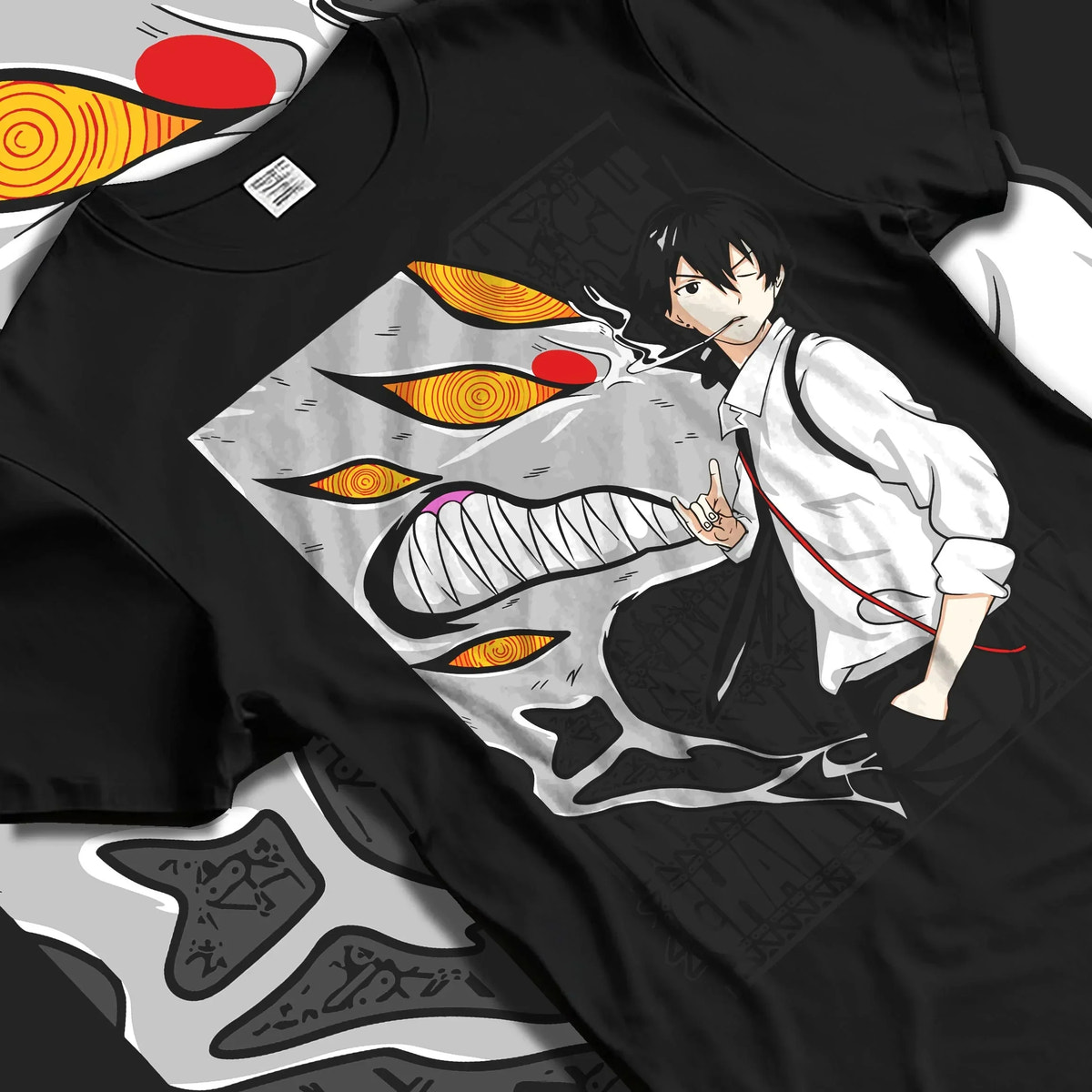 Black T-shirt laid flat with natural folds with Chainsaw Man Hoodie Denji Devil Hunter Chainsaw Blades graphic premium wear.