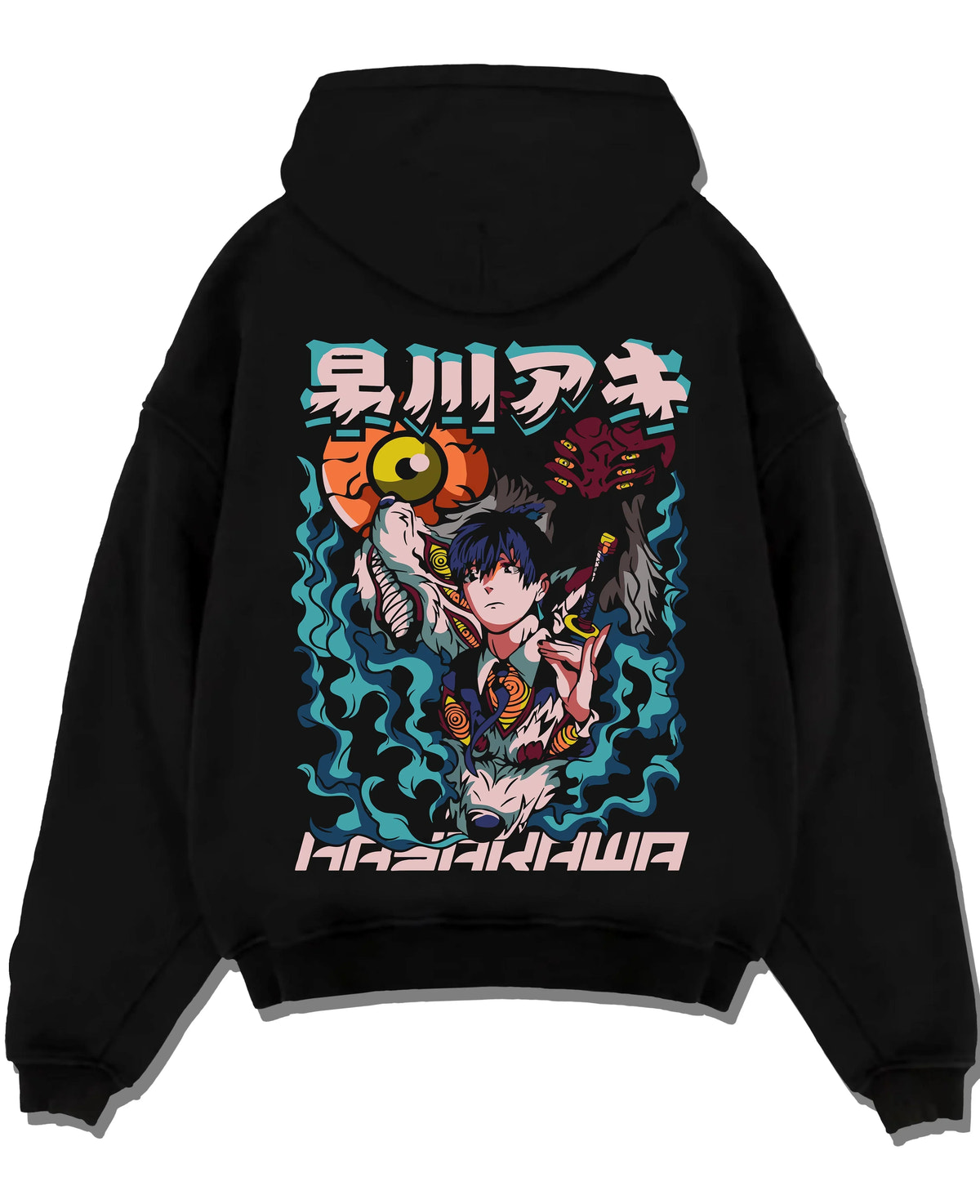 Black pullover hoodie laid flat with Aki Hayakawa Hoodie Chainsaw Man Devil Hunter Katana graphic bold anime graphic.