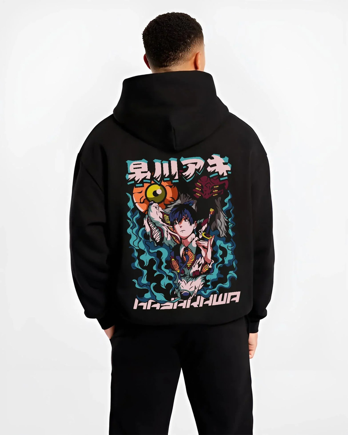 Black hoodie worn by male model, back view with Aki Hayakawa Hoodie Chainsaw Man Devil Hunter Katana graphic streetwear graphic.