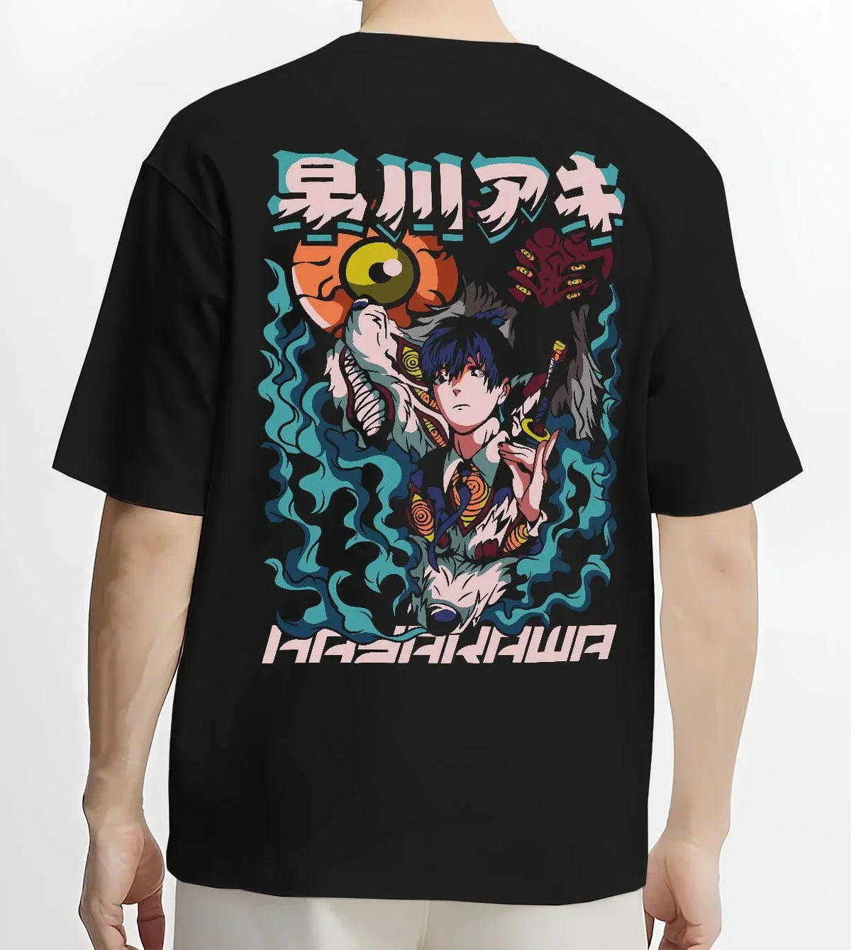 Black T-shirt worn by male model, back view with Aki Hayakawa Hoodie Chainsaw Man Devil Hunter Katana graphic bold anime graphic.