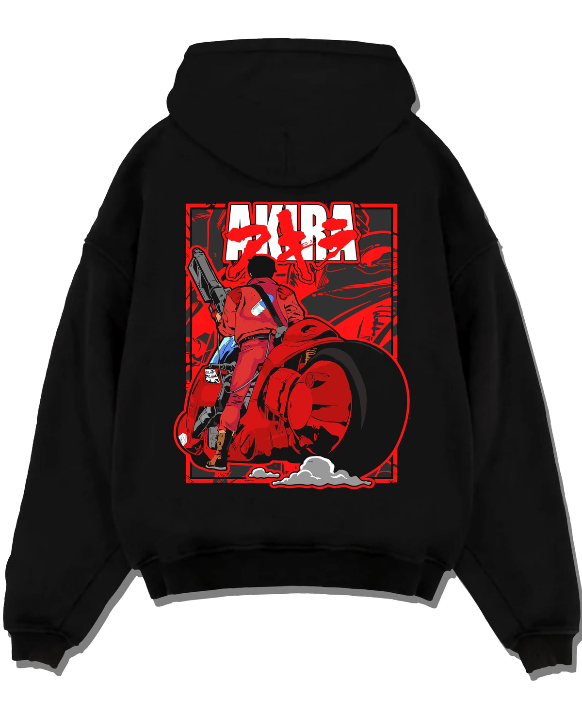 Black pullover hoodie laid flat with Akira Neo Tokyo Hoodie Kaneda Bike Retro Future Scene graphic Kaneda anime design.