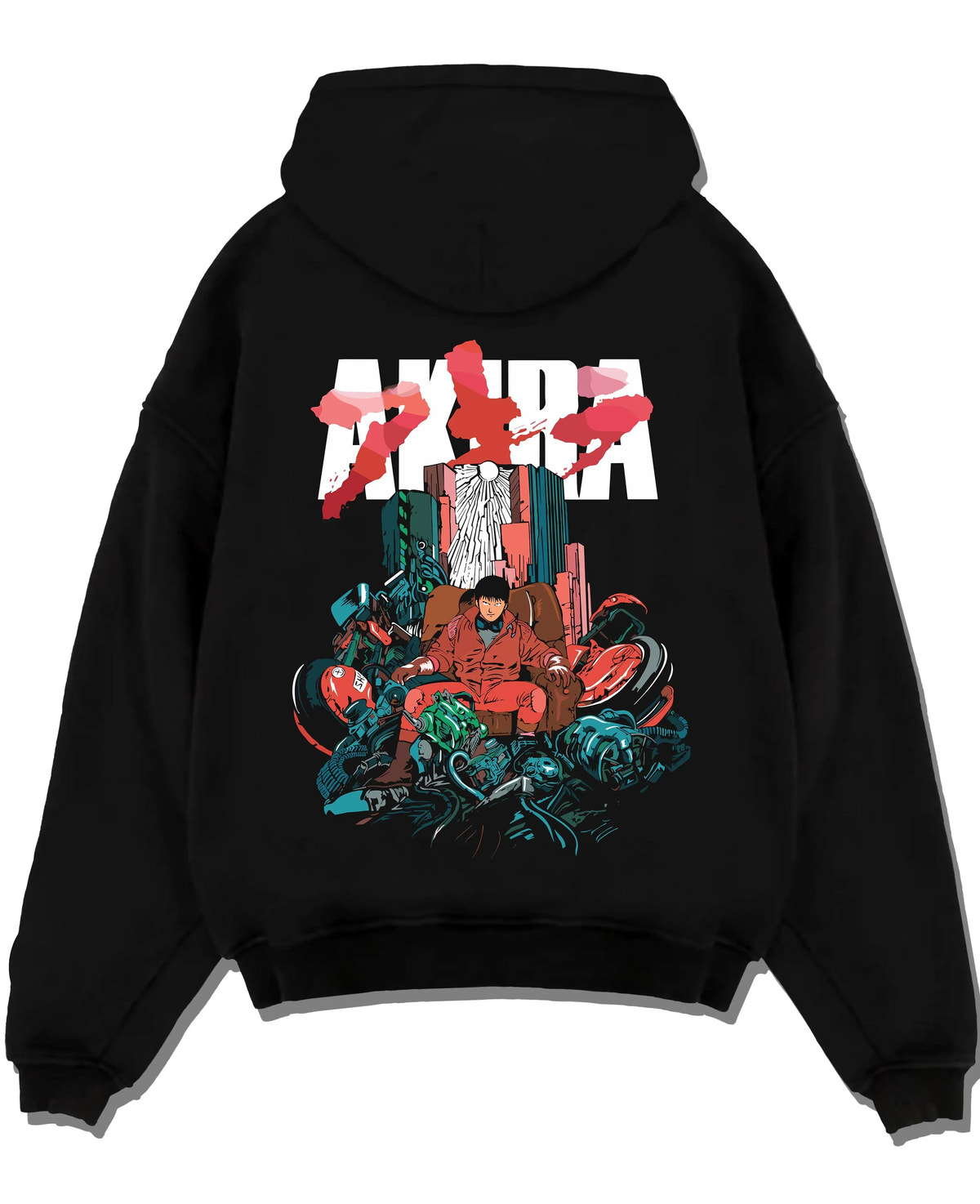 Black pullover hoodie laid flat with Akira Neo Tokyo Hoodie Capsule Motorcycle Retro Panel graphic bold anime graphic.