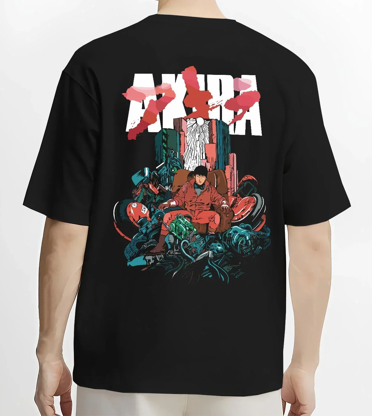 Black T-shirt worn by male model, back view with Akira Neo Tokyo Hoodie Capsule Motorcycle Retro Panel graphic streetwear graphic.