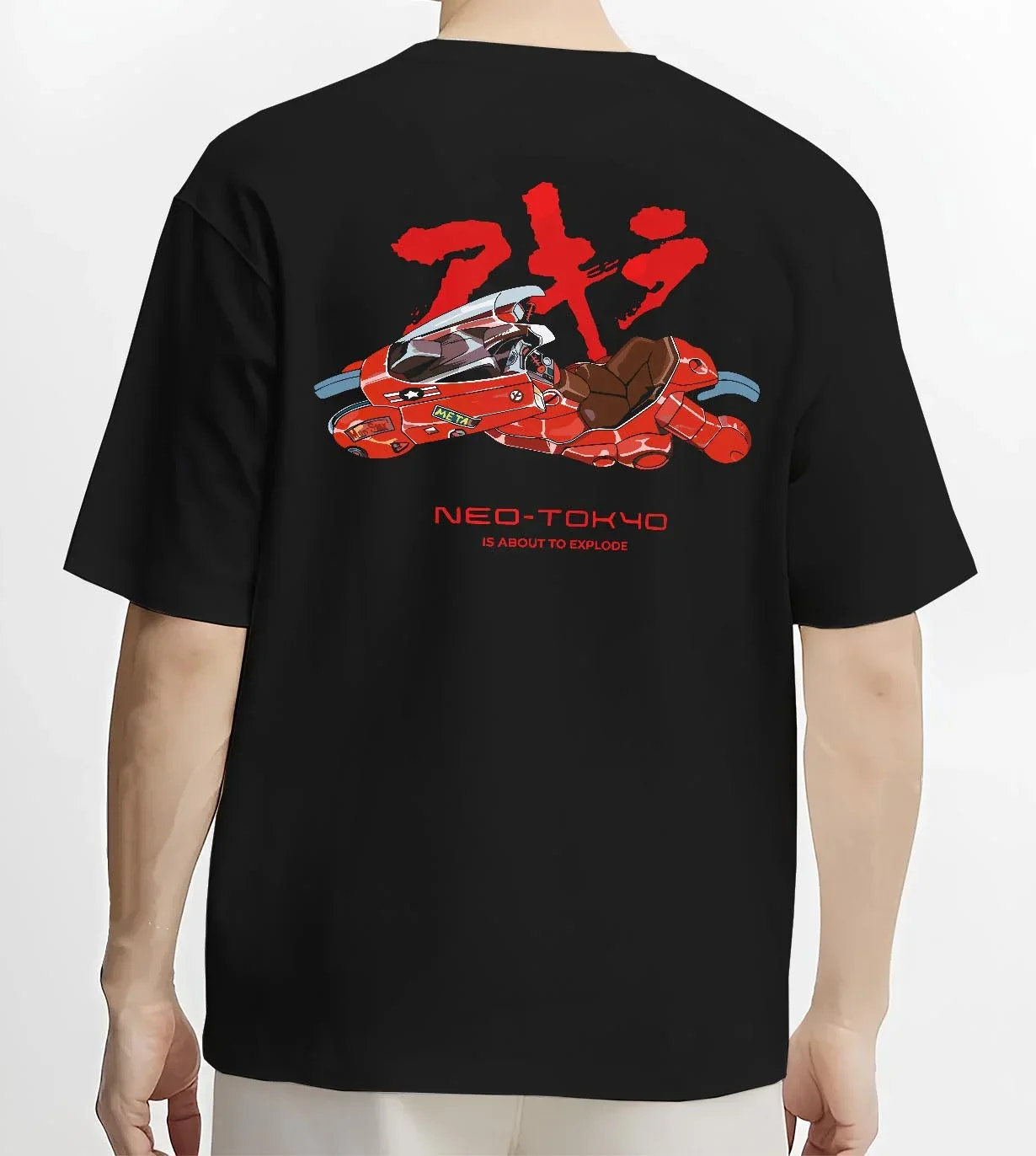 Black T-shirt worn by male model, back view with Akira Neo Tokyo Hoodie Kaneda Red Bike Retro Poster graphic premium wear.