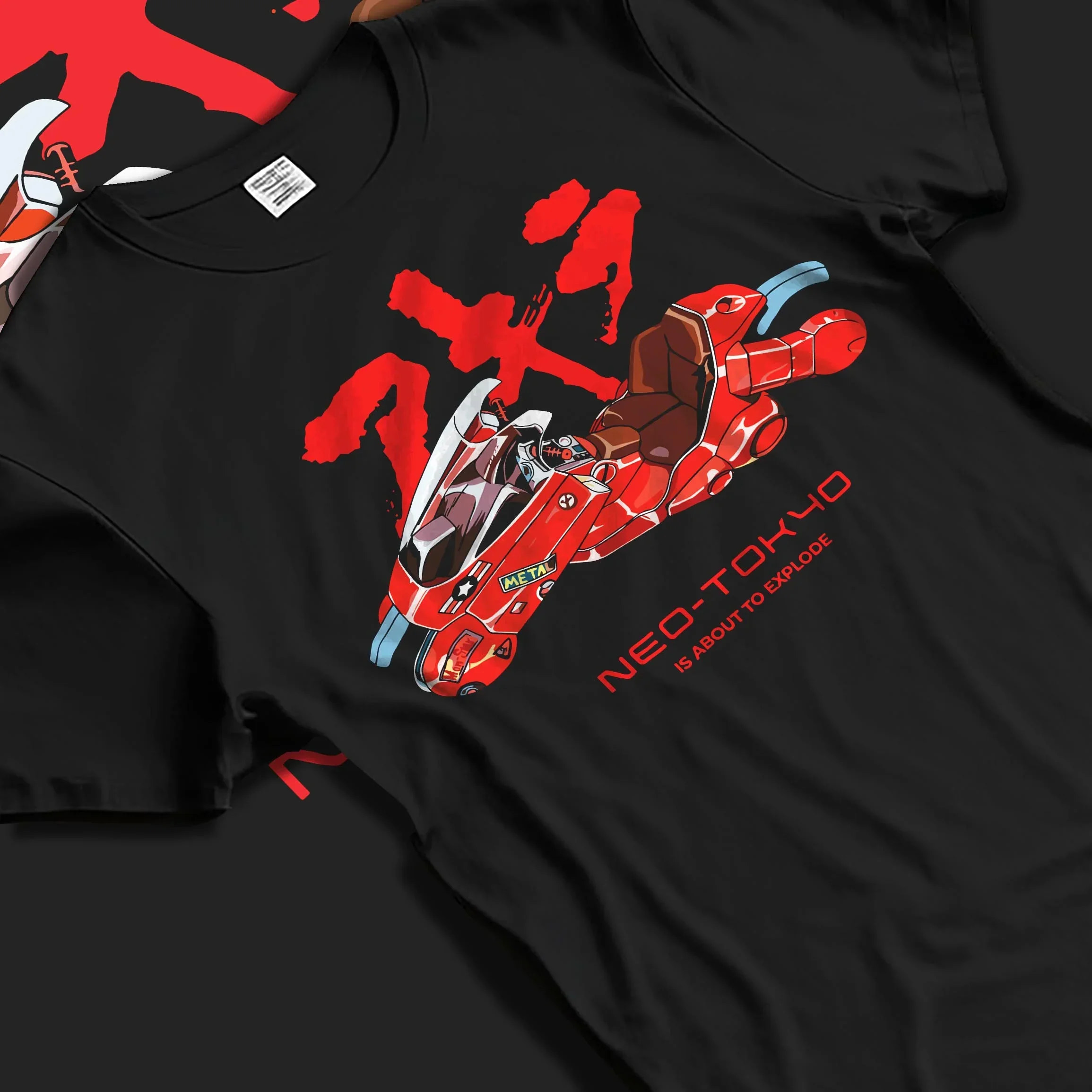 Black T-shirt laid flat with natural folds with Akira Neo Tokyo Hoodie Kaneda Red Bike Retro Poster graphic premium wear.