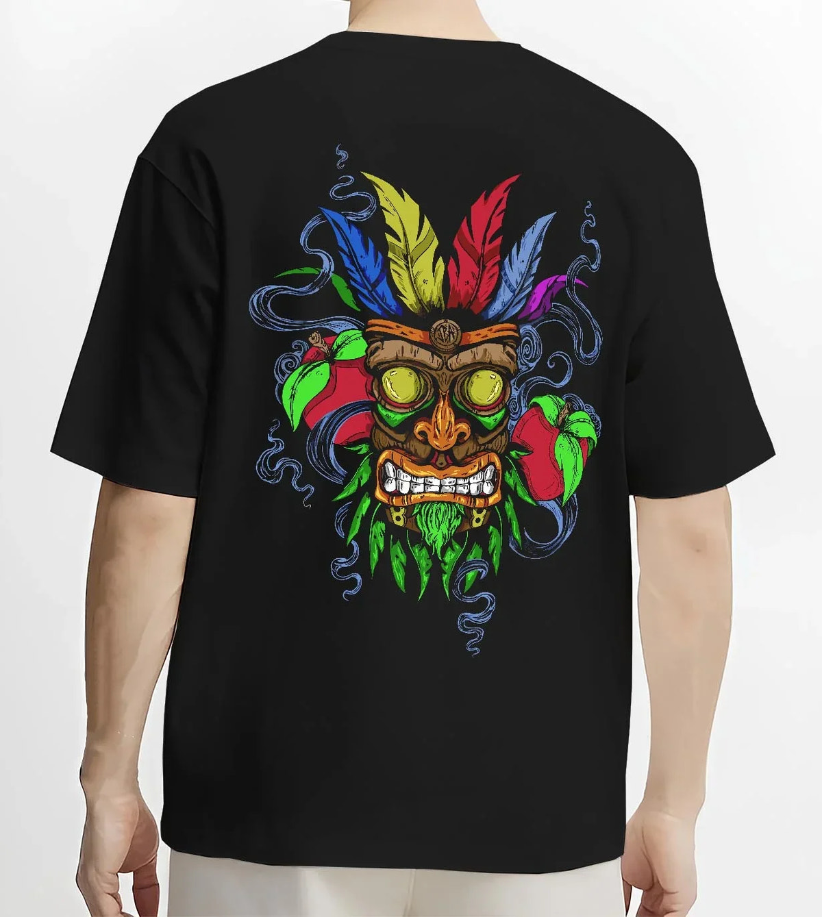 Black T-shirt worn by male model, back view with Crash Bandicoot Aku Aku Hoodie Retro Gaming Classic graphic premium wear.