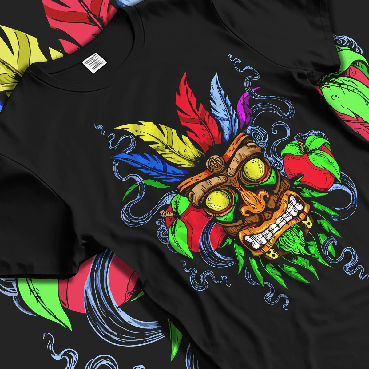 Black T-shirt laid flat with natural folds with Crash Bandicoot Aku Aku Hoodie Retro Gaming Classic graphic streetwear graphic.