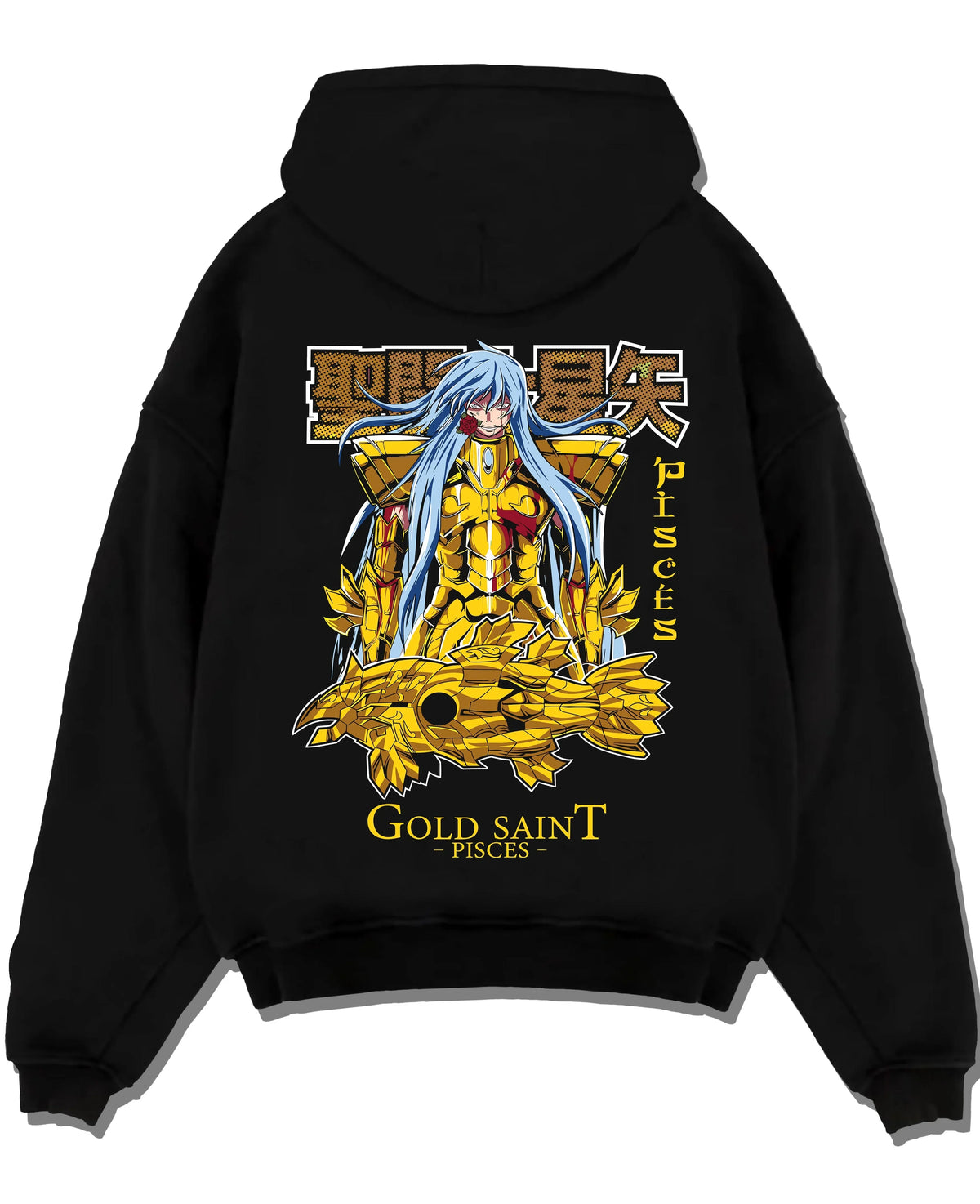 Black pullover hoodie laid flat with Pisces Gold Saint Hoodie Saint Seiya Mythic Zodiac graphic streetwear graphic.