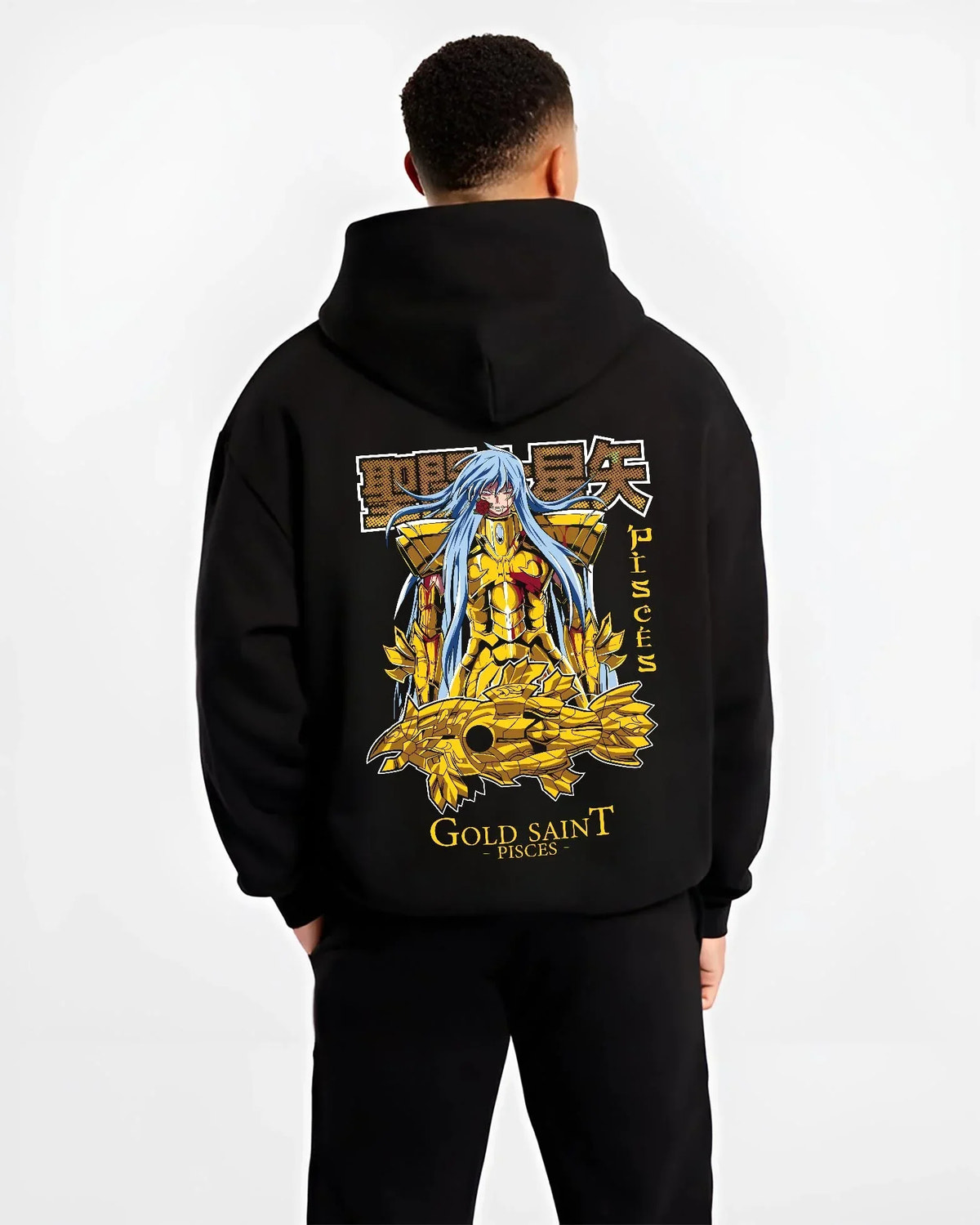 Black hoodie worn by male model, back view with Pisces Gold Saint Hoodie Saint Seiya Mythic Zodiac graphic premium wear.